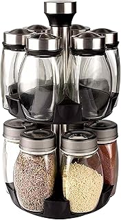 بيونتي منظم توابل من 13 قطعة يتضمن رف دوار 360 درجة و12 برطمان زجاجي للملح والفلفل والاعشاب وحاوية التوابل طقم لطاولة المطبخ طبقتين بلاستيك أسود