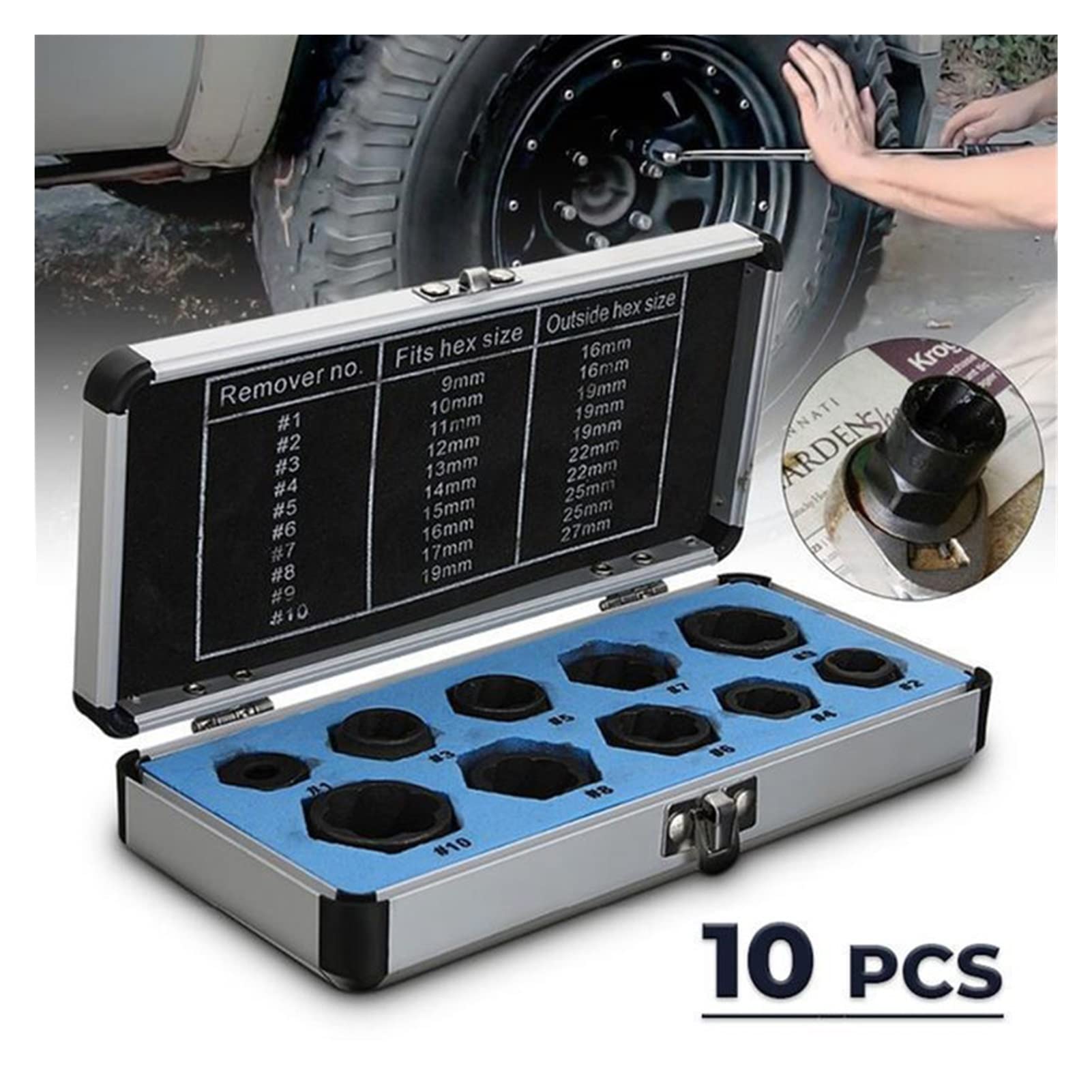 Juego de 10 Tuercas de Vaso para Tornillos, Adaptador de Tuercas dañadas de 9-19 mm, Herramienta de roscado para Extractor de Coche, Accesorios para Taladro eléctrico (Largo)