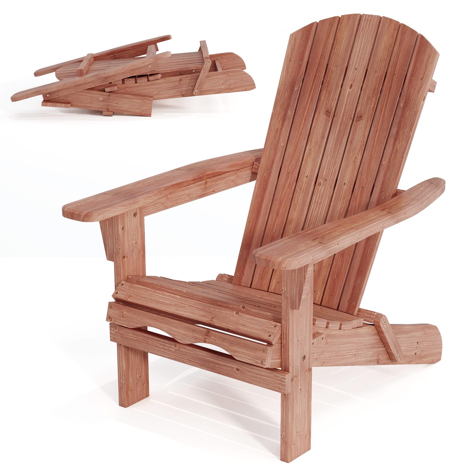 GOPLUS Lot de 2 Chaises Adirondack, Chaise d'Extérieur Pliable avec Cadre Bois Massif, Dossier Incurvé et Accoudoirs Larges, Max. 180 Kg, pour Terrasse, Jardin, Piscine (89 x 71 x 94 cm,Naturel)