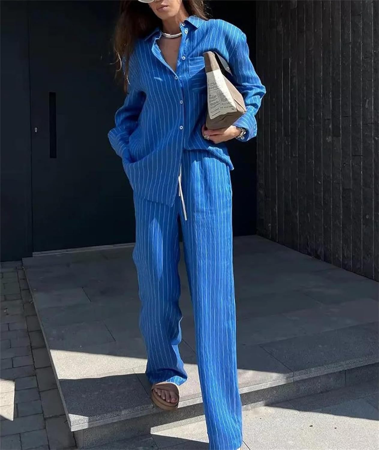 Women’S Striped Pants Suit Loose Lapel Long Sleeve Pocket Single Breasted Drawstring Pants Casual Pant Suits Set