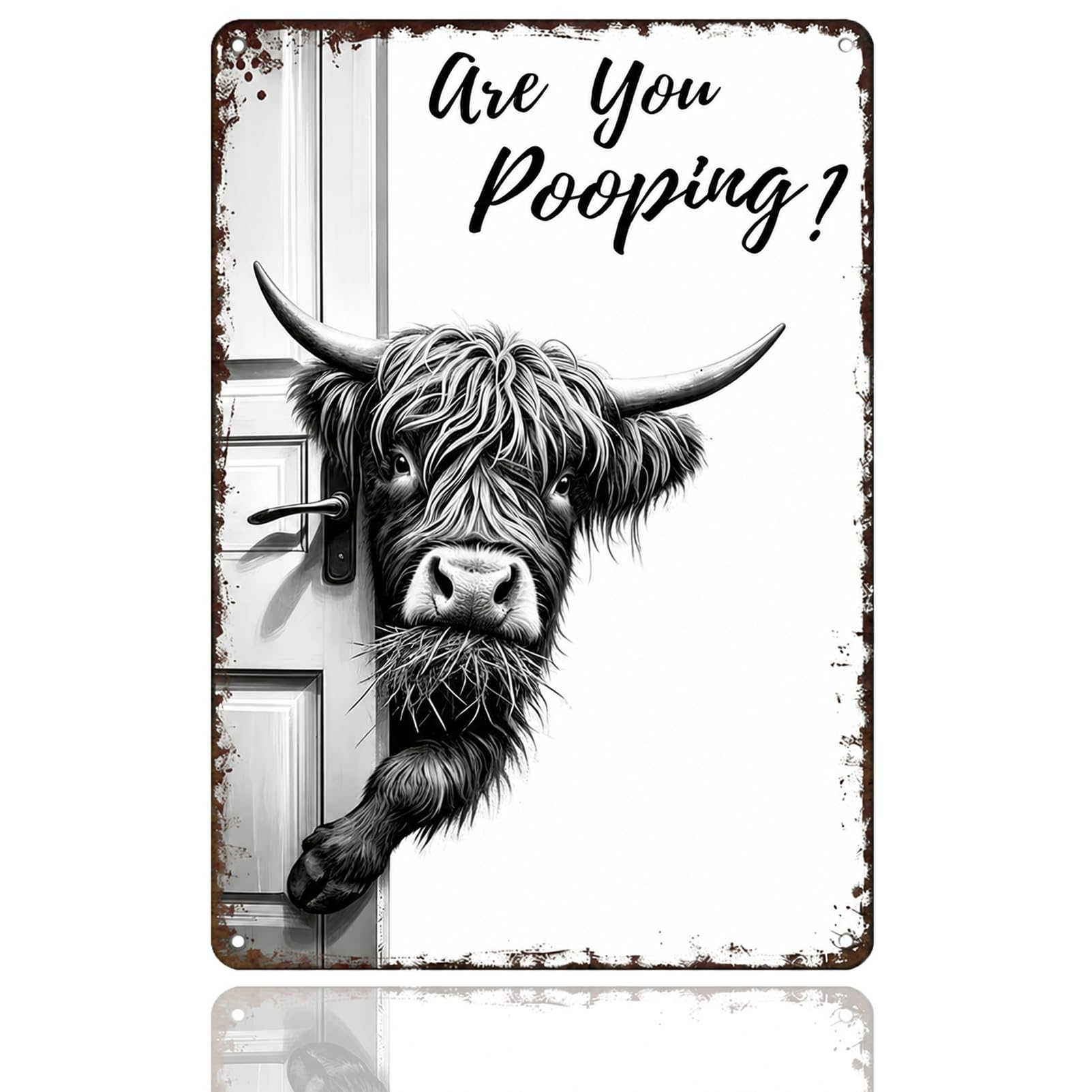 Western Bathroom Wall Decor: Funny Highland Cow Sign – "Are You Pooping?" Farmhouse Metal Art for Home & Office
