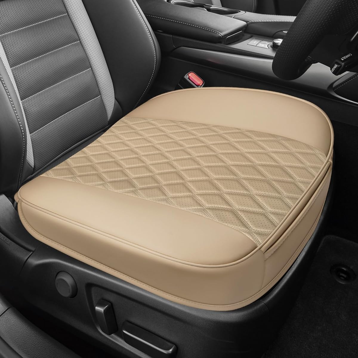 Leather Front Car Seat Cover, Anti-Slip Car Seat Bottom Covers, Full Wrapped Bottom Seat Protectors with Storage Pocket, Universal Comfortable Seat Cushion Fit Vehicles SUVs Trucks (Beige)