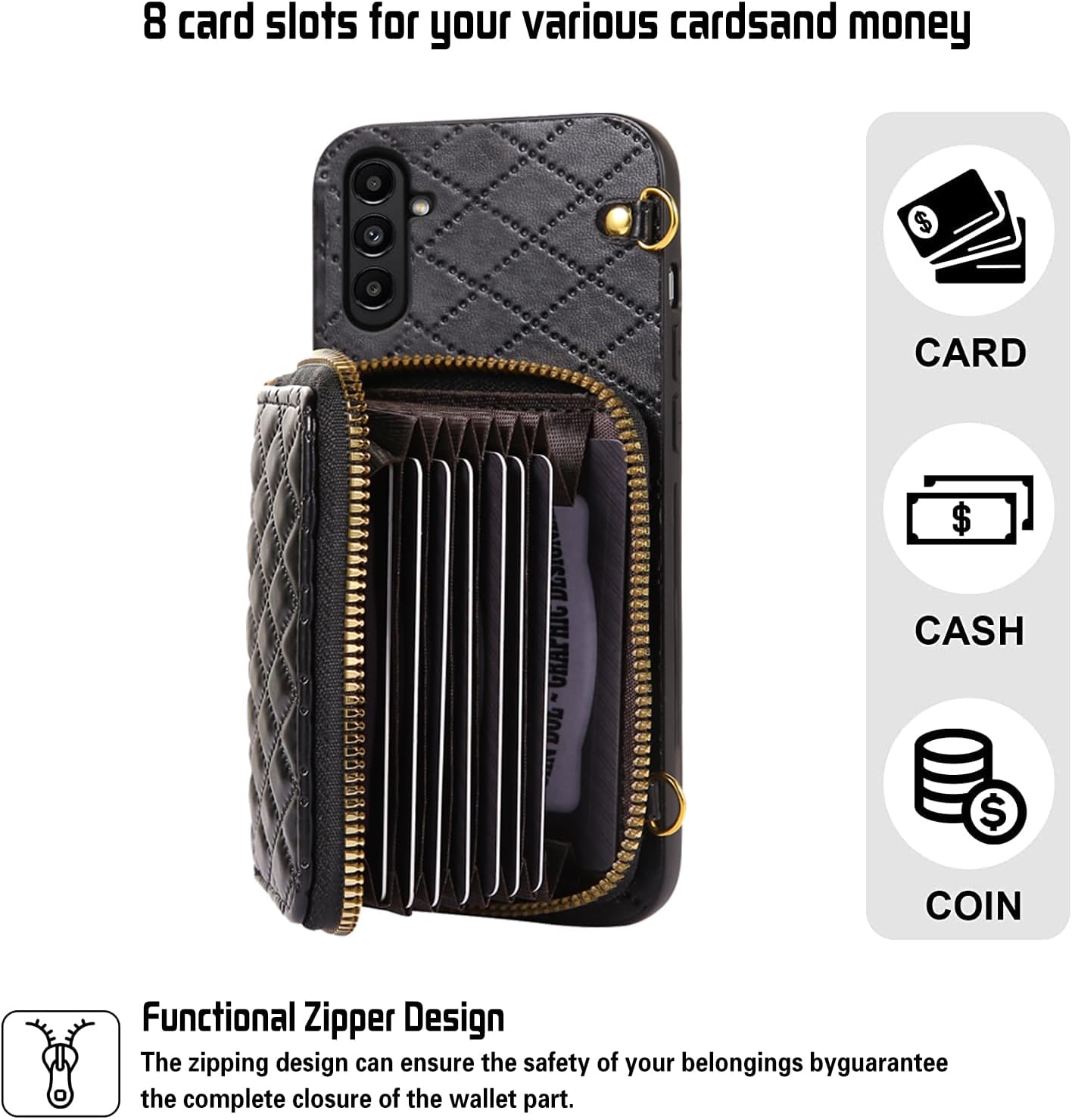 Compatible with Samsung Galaxy S25 5G Zipper Wallet Case with Crossbody Shoulder Strap Flip Purse Card Slots, Luxury PU Leather Card Holder Stand Cell Phone Cover for S 25 25S G5 Women Black