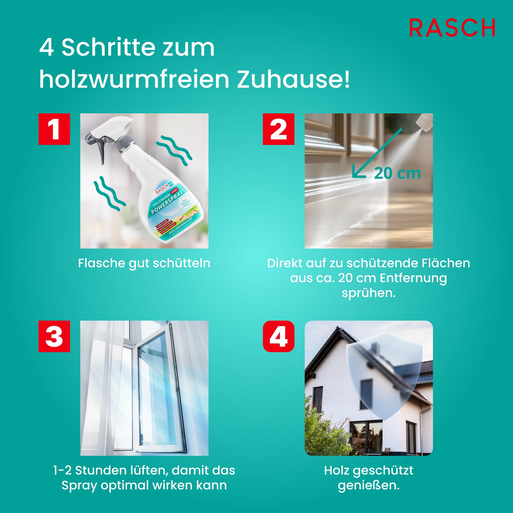 Rasch® Home Defender Holzwurmspray [500ML] - Anti Holzwurm Spray - Mittel für Holzwurmtod - Holzwurmmittel - Holzschutzspray gegen Holzwürmer - Holzschutzmittel Sprayflasche gegen Holzwurmbefall