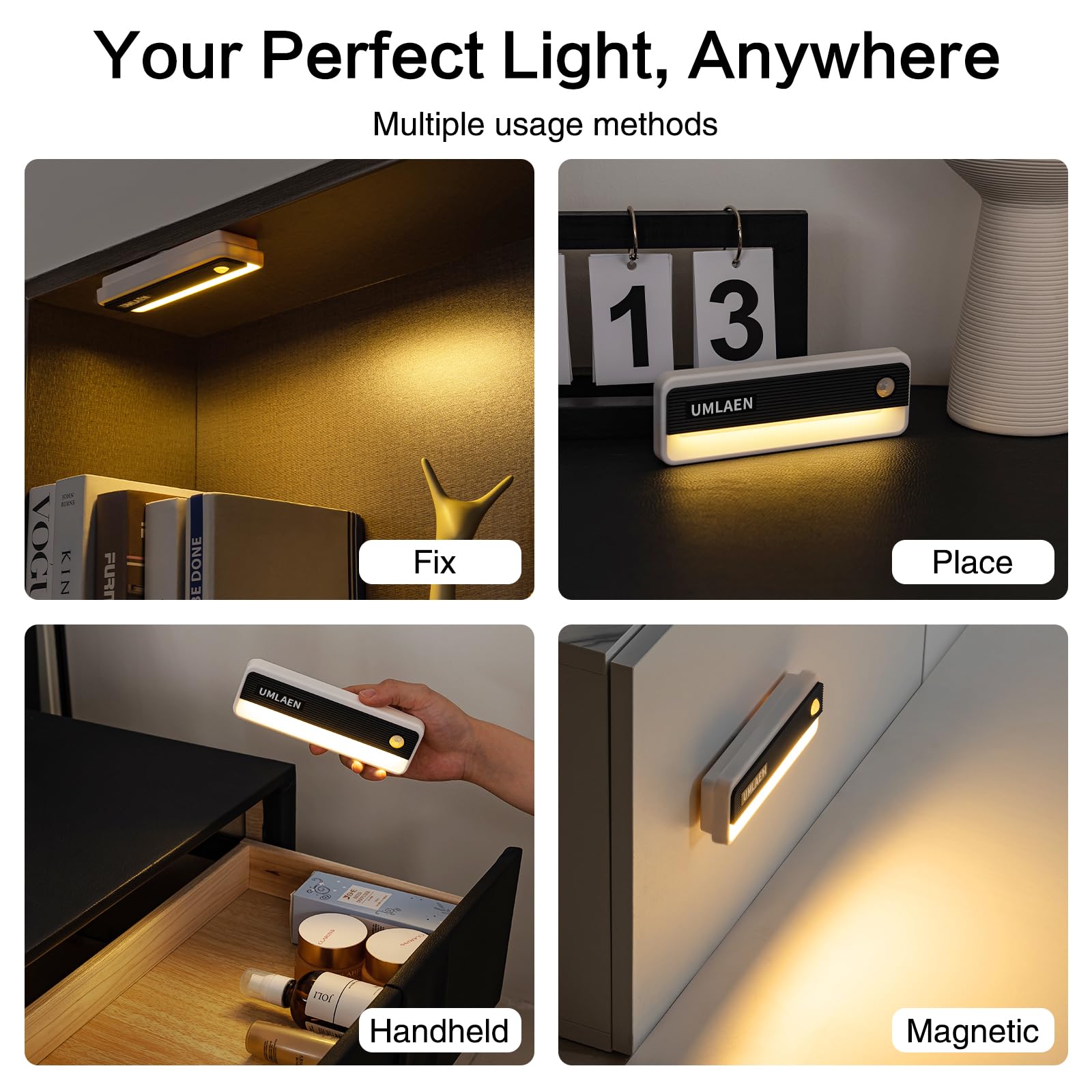 Confezione da 2 luci con sensore di movimento per interni, 1800 mAh, luce notturna ricaricabile con attivazione del movimento, 3 colori, 2 modalità, luci adesive per scale, camera da letto