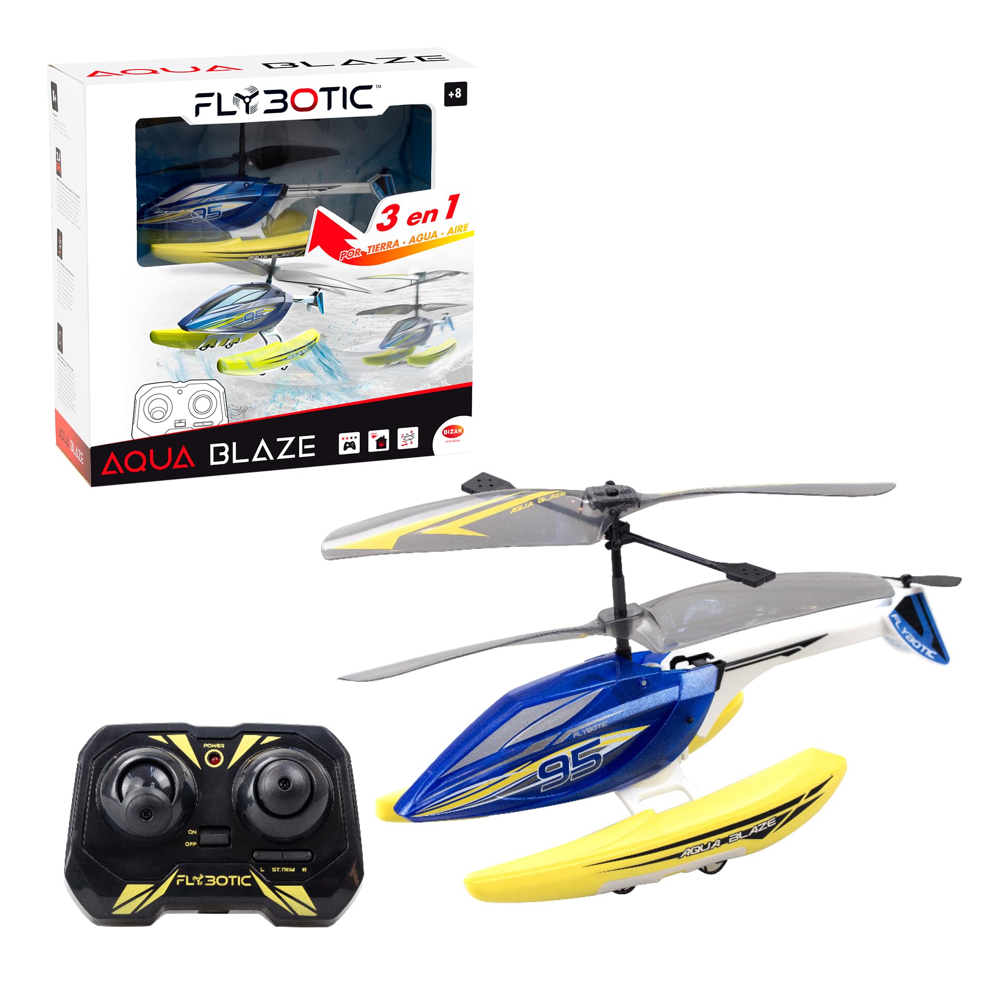 Bizak FLYBOTIC Aqua Blaze, elicottero radiocomandato 3 in 1, psrs Guidare a terra, aria e acqua, con telecomando radio direzionale, per bambini e adulti, (62004795)