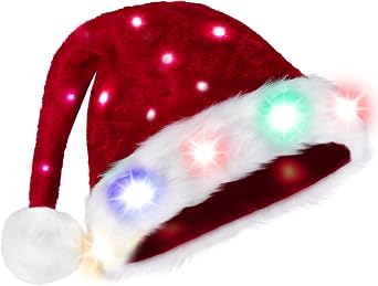 Giggling Getup Adult Light-up Santa Hat with Pom Poms, Christmas Hat as Gift with Colorful Lights for Men and Women