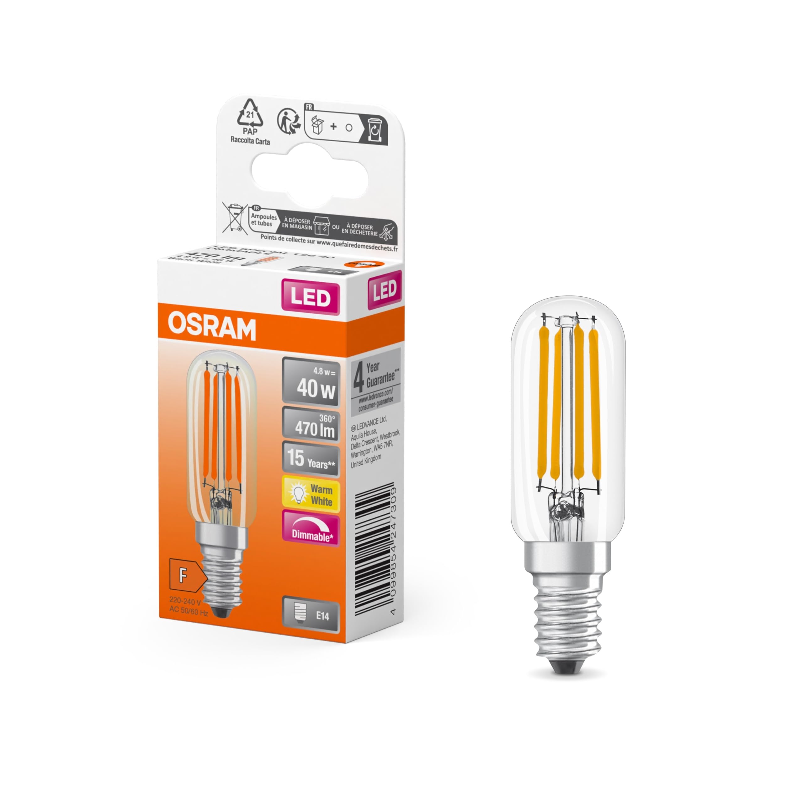 Osram LED Special LED-Lamp in Tropfenform, Klar, Multicoloured, 4.8 W, 470 lm, 2700 K für warmweißes Licht, E14 Sockel, 25 mm Durchmesser, EEK F, dimmbar.