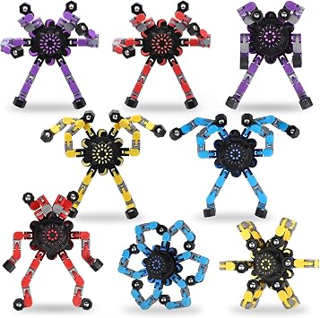 Transformable Chain Robot Fidget Spinner Toy, 8 Pack Sensory Finger Spin Top for Kids, Funny DIY Deformation Mechanical Spinner Twister Gyro, Creative Fingertip Gift for Party