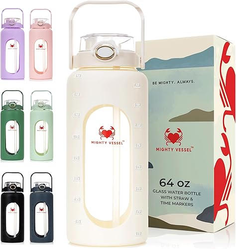 Botella de agua de vidrio de 64 onzas a prueba de fugas con marcadores de tiempo, botella de agua grande blanca con medidas, rastreador de botellas