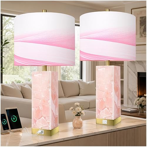 Scenekoy Pink Alabaster Table Lamp Set of 2 with Night