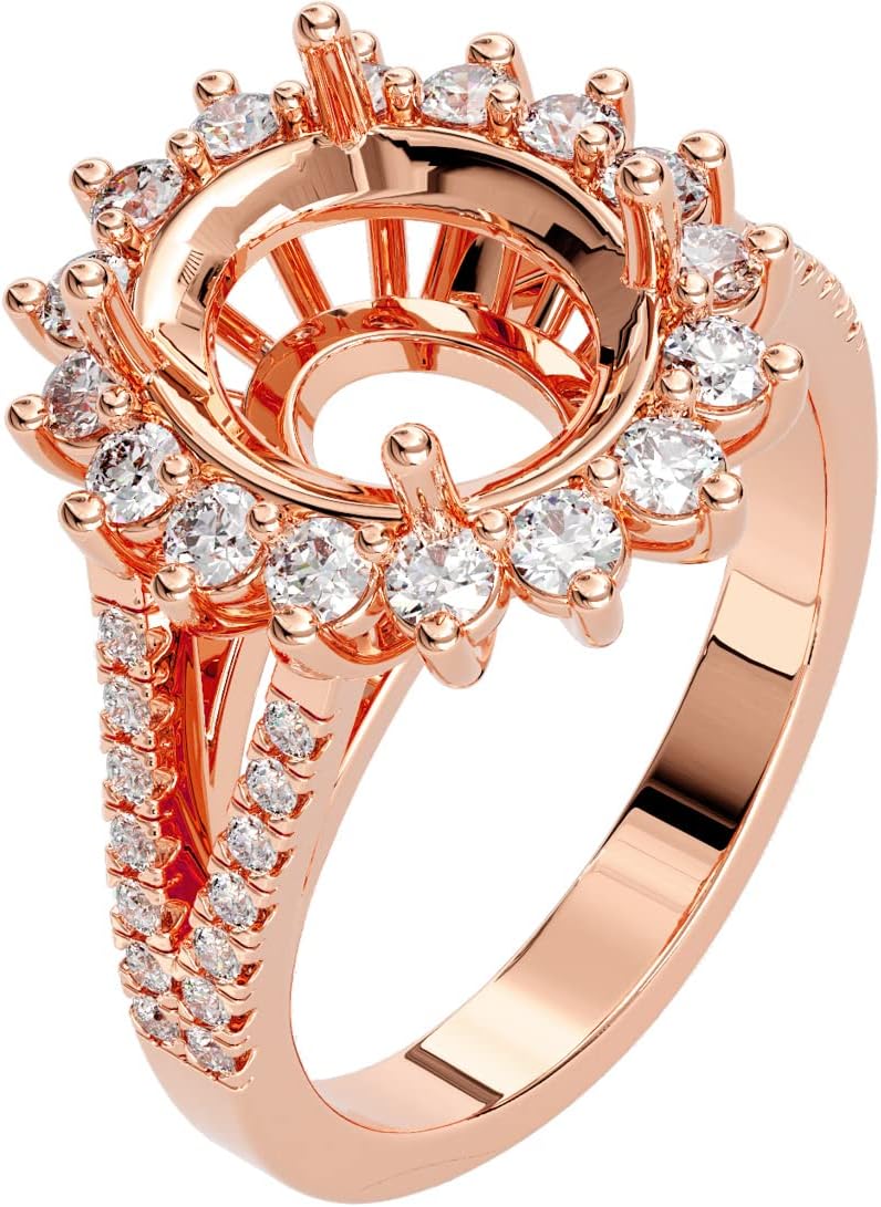 PEORA 14K Gold G-H/VS Lab Grown Diamond Semi Mount Ring Setting, Fits 11x9mm Oval Stone, 0.75 Carat total, Sizes 4 to 10