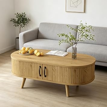 Oval Coffee Table with Hidden Storage, 2 Sliding Doors, Natural