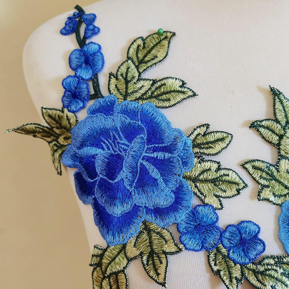2pcs Flowers Embroidered Patch Sticker for Clothing Jacket Jeans Lace Applique DIY Clothes Decorations Fabric Patches (Blue)