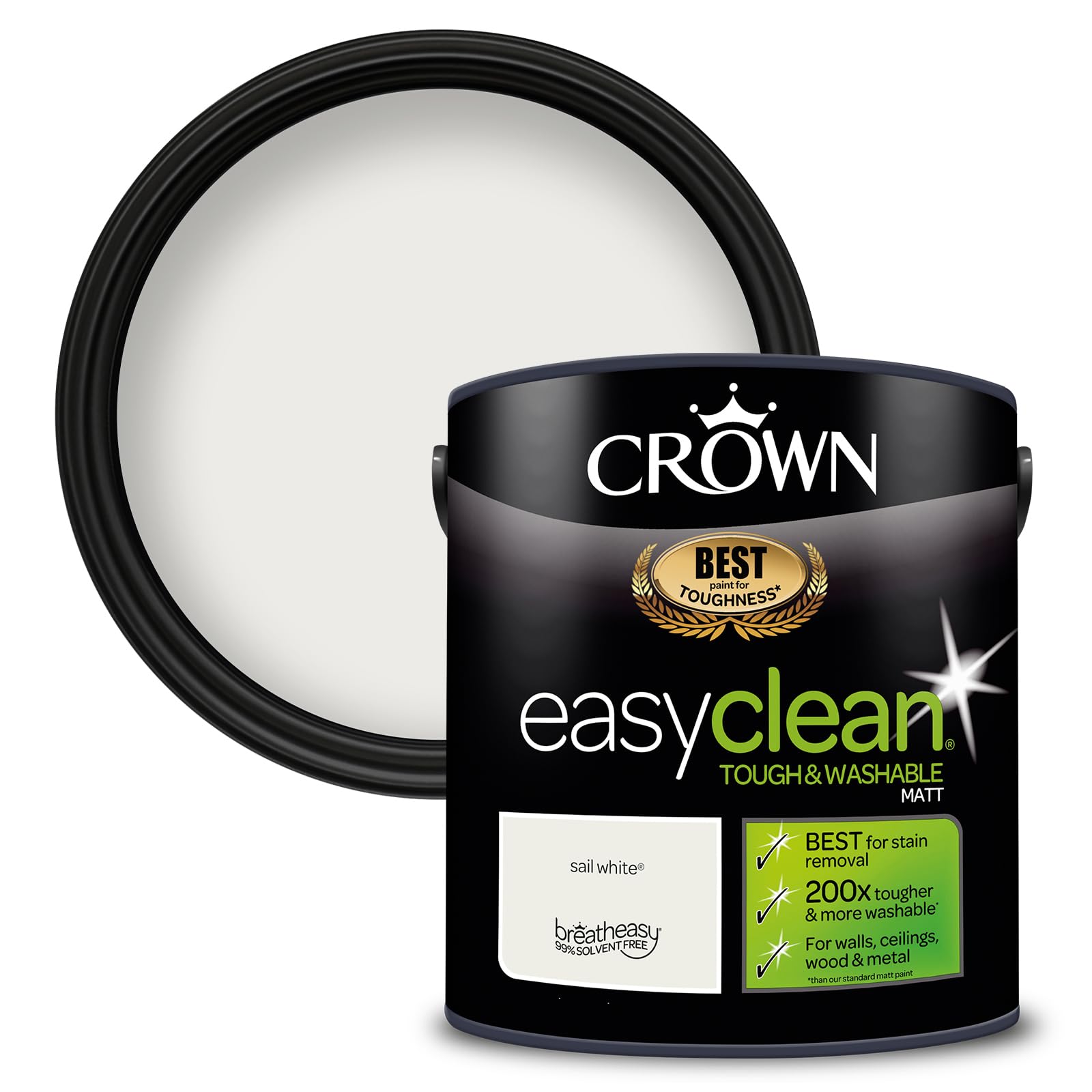 Crown Sail White - Washable Matt Emulsion Paint for Walls and Ceilings - Stain Resistant - Off White Finish - Hallway and Playroom - Water Based, Low Odour Paint - 2.5L