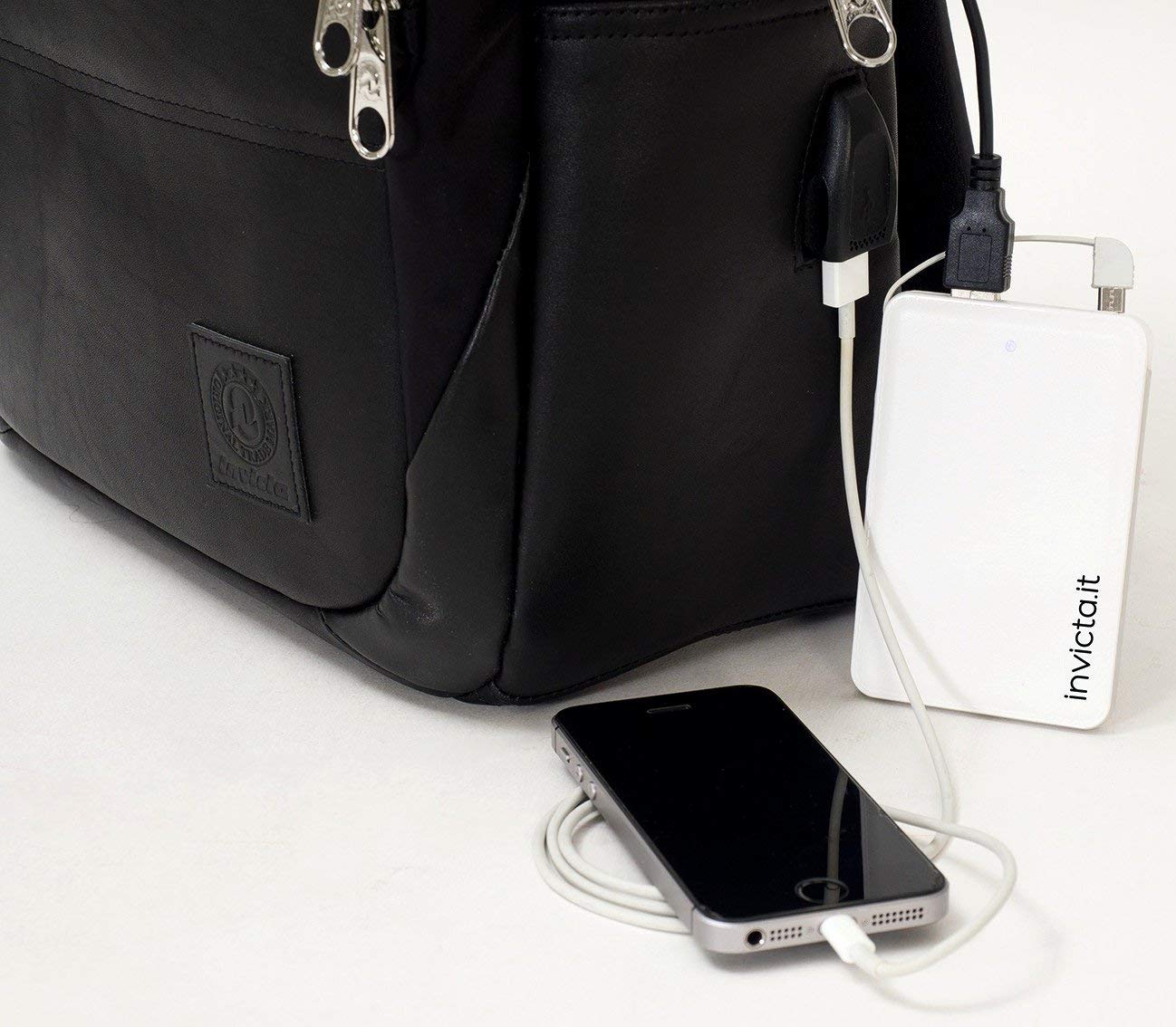 Invicta Zaino Ufficio Lavoro Biz M, Nero, Zaino In Pelle con Tasca Porta PC Portatile/Tablet e USB Plug, Tasche Multifunzione e Tasca con Organizer, Ufficio, Vaggio e Lavoro, Unisex
