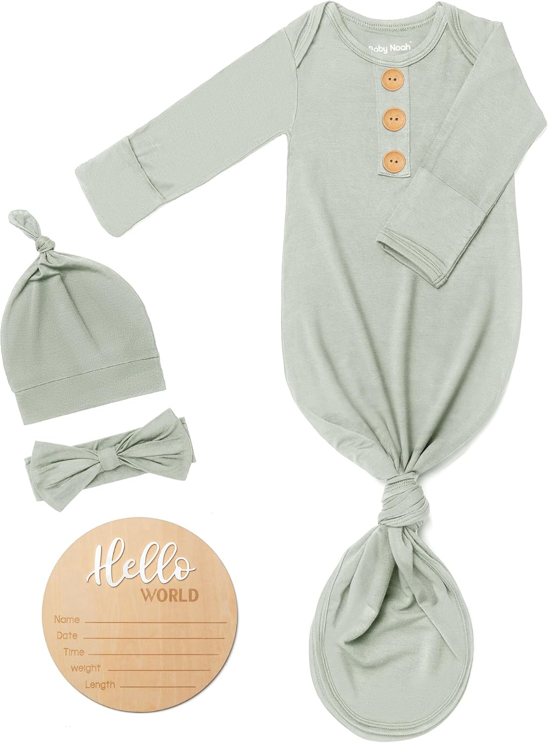 Baby Noah Soft Baby Knot Gown 0-3 Months, Newborn Announcement Sleepers With Mitten Cuffs and Personalized Wooden Name Tag
