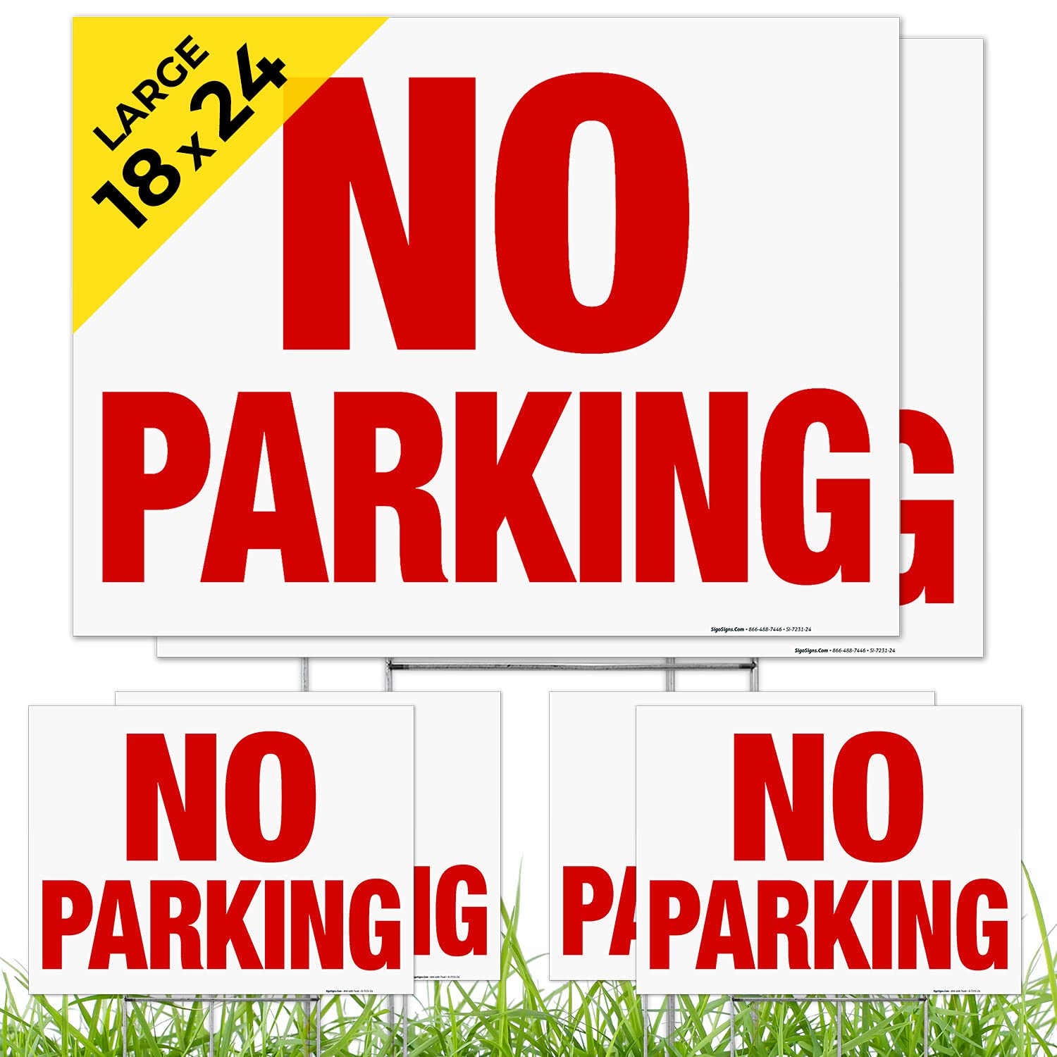No Parking Yard Sign, (6 Pack) Double Sided 18x24 Inches, Corrugated Plastic with Metal H Stake, Made in USA