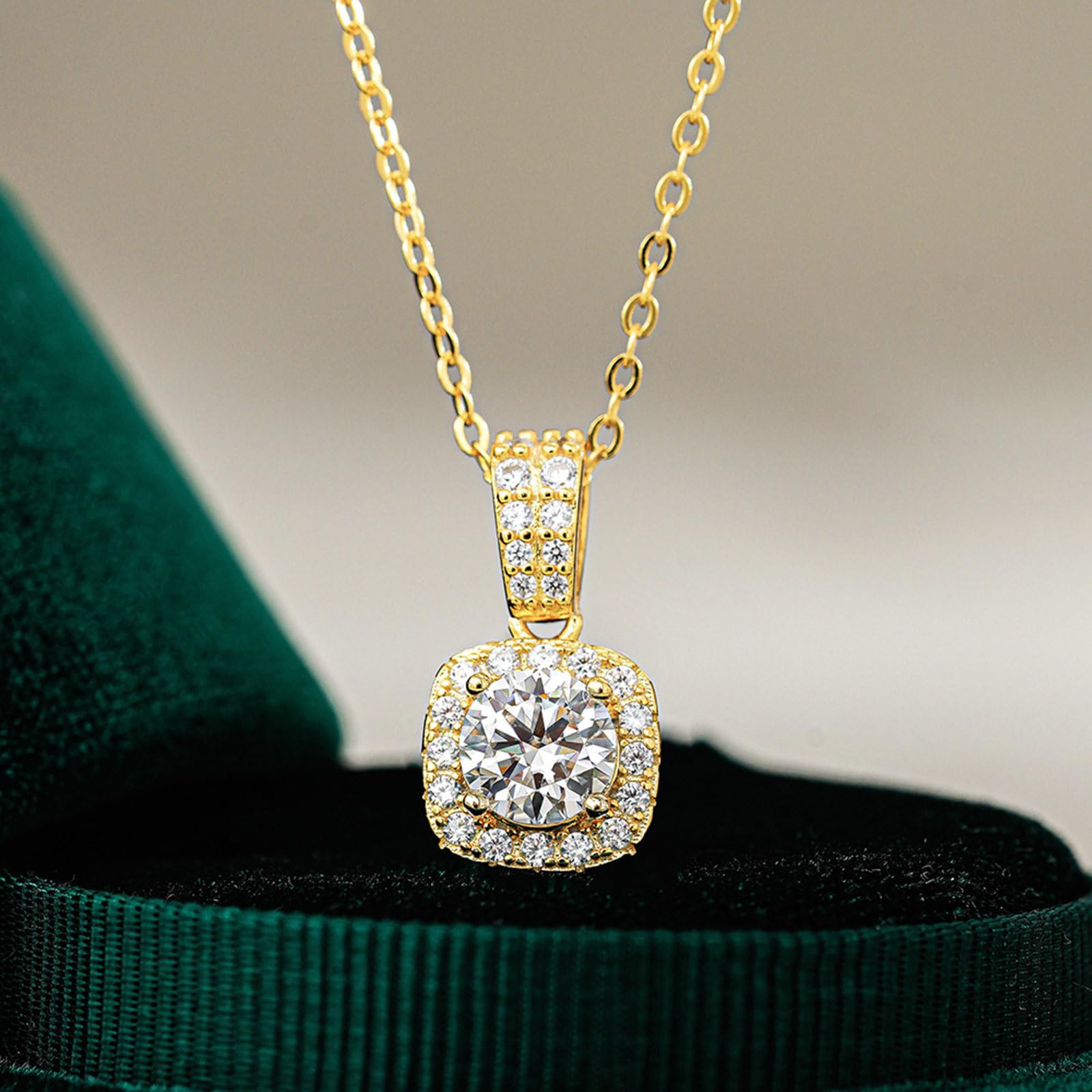 Collar con colgante de oro de 9/14/18 quilates, cuadrado con collares redondos de moissanita para mujer