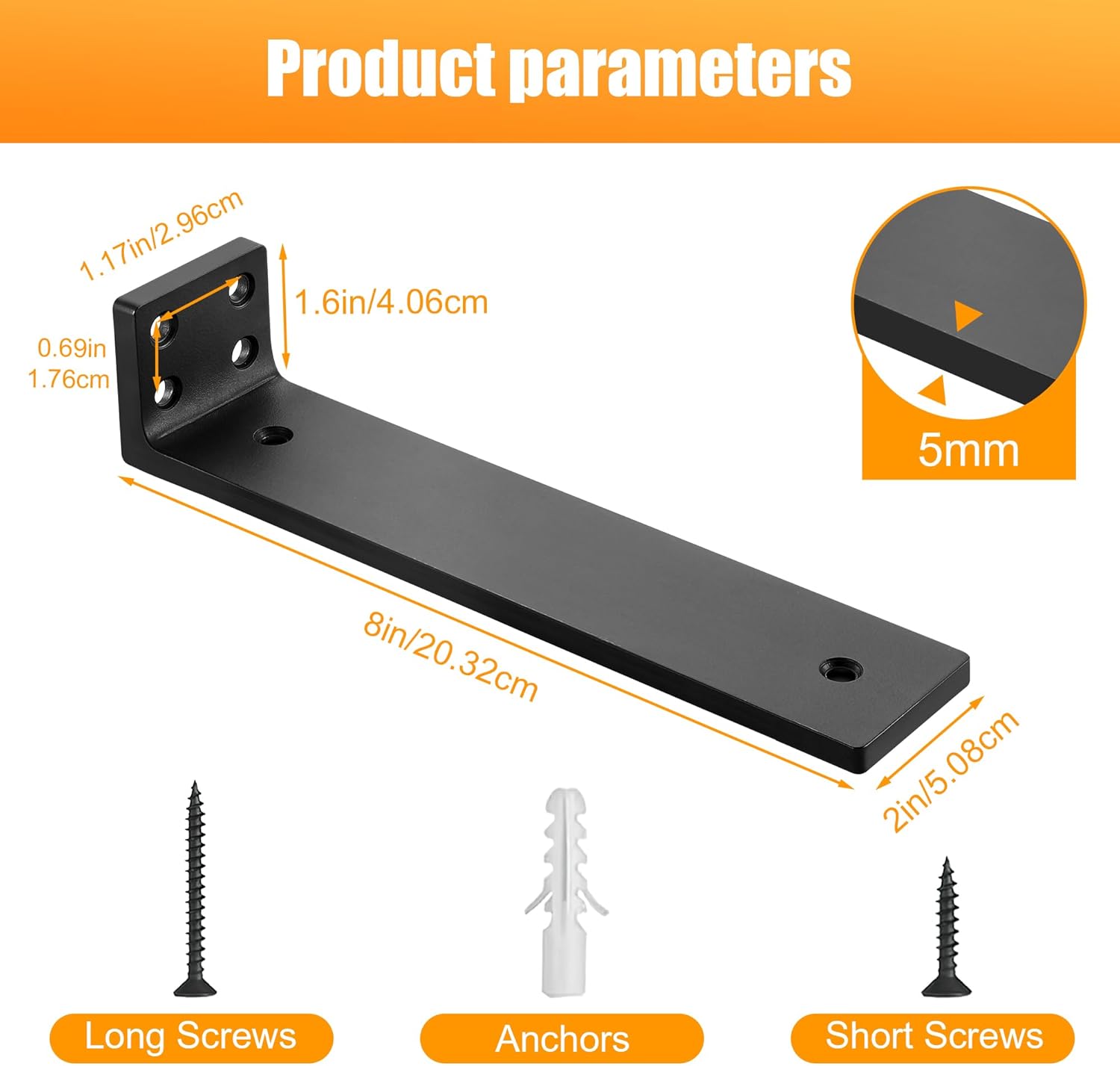 Floating Shelf Brackets 8 inch, Heavy Duty Wall Shelf Bracket 8 Pack for Shelves Support, Hidden Metal L Brackets with Mounting Hardware (1/5'' Thick)