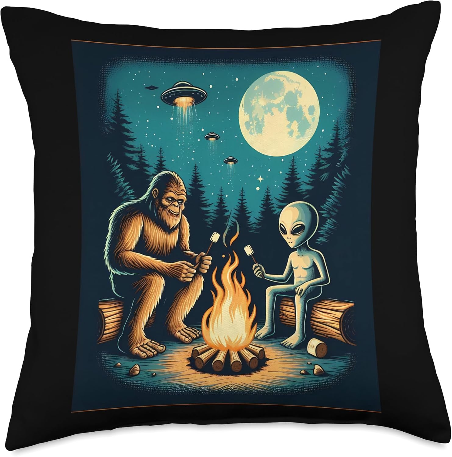 Bigfoot With Alien At The Campfire Throw Pillow