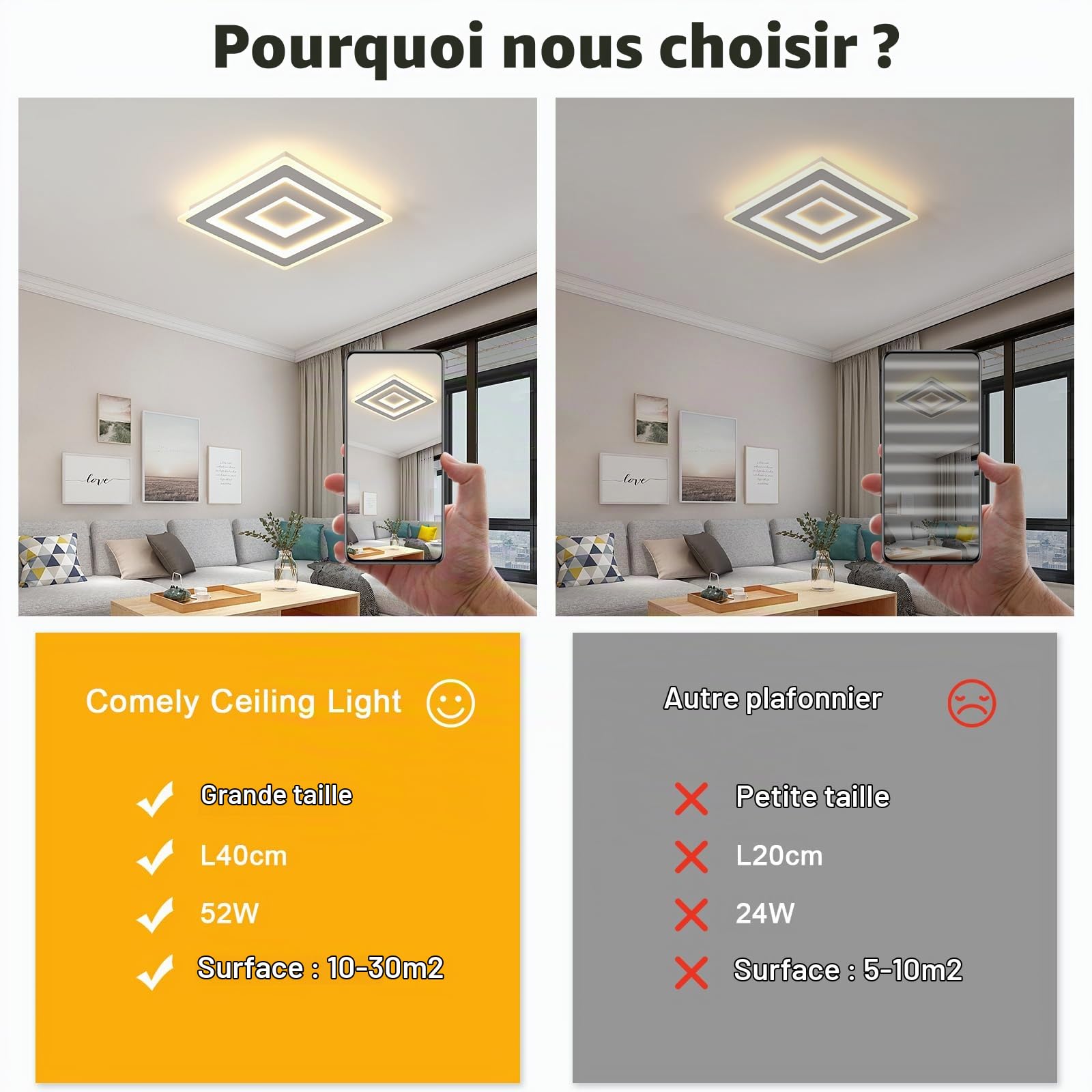 Comely Plafonnier LED Carré Moderne, 52W Lampe de Plafond LED, Acrylique Luminaire Plafonnier Intérieur Blanc pour Chambre à Coucher, Salon, Couloir, Lumière Chaude 3000K, 40cm
