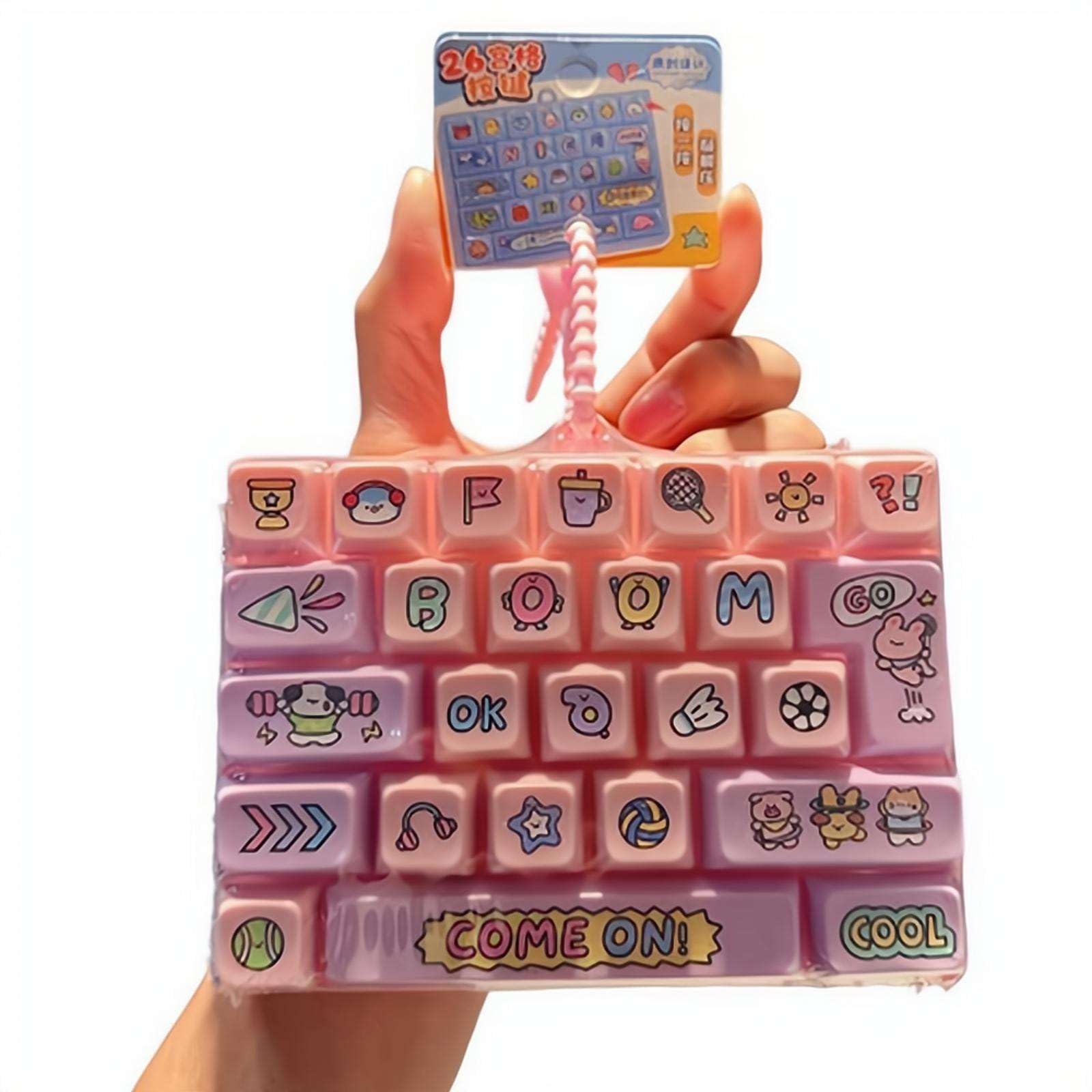 Cute 26-Key Keyboard Fidget Keychain,Realistic Mechanical Feel, Silicone Stress Relief Toy, Cartoon Bag Pendant (Pink)