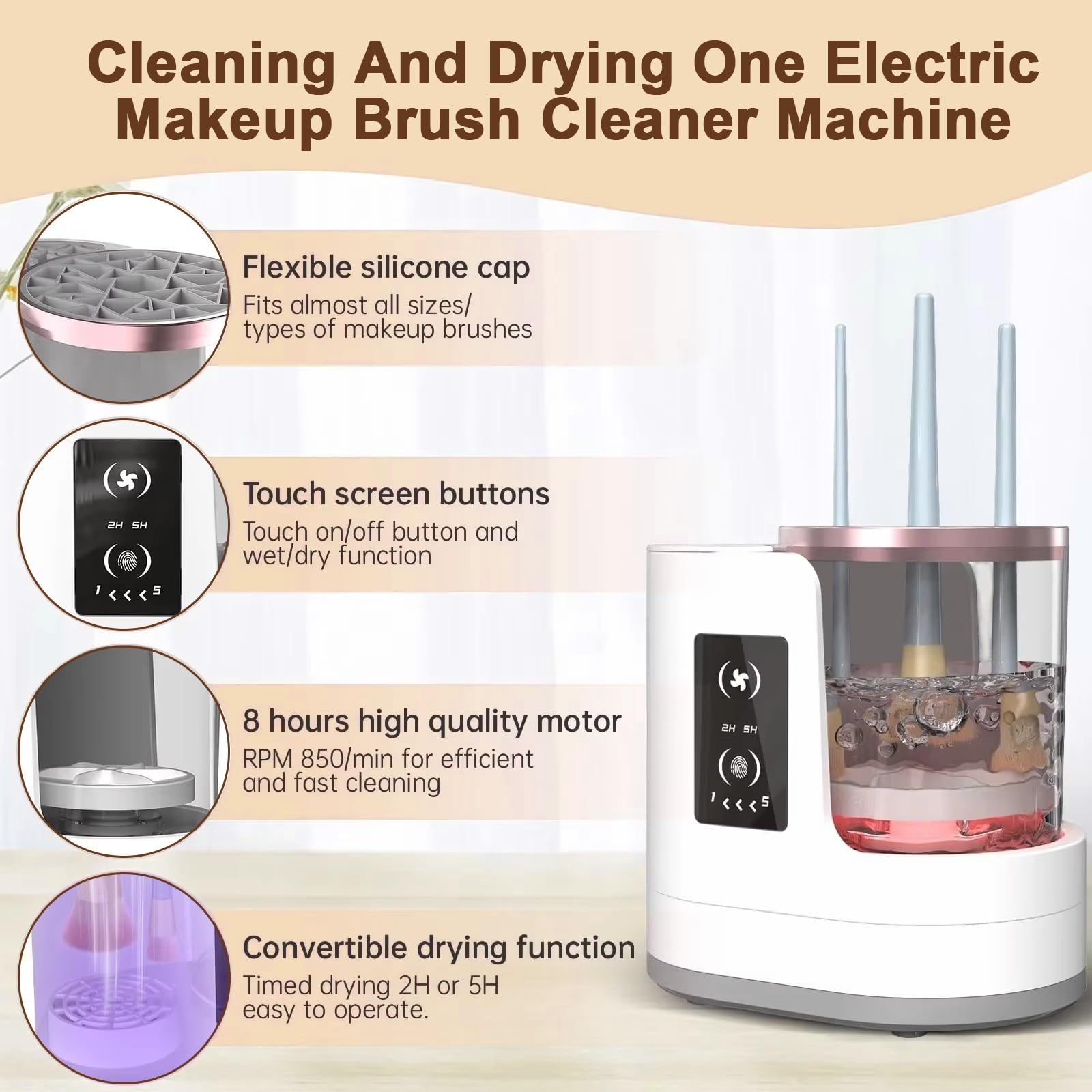 3-in-1 Makeup Pinsel Reiniger Elektrische Reinigungsmaschine mit Trockner & Halter - USB Betriebener Automatischer Pinselwäscher für Alle Größen Kosmetikpinsel & Beauty Blender, 5-Min Au