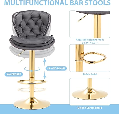 Miniatura 4 de Juego de 2 taburetes de bar giratorios tapizados de terciopelo de altura ajustable con base y respaldo dorados, sillas de bar modernas de altura de