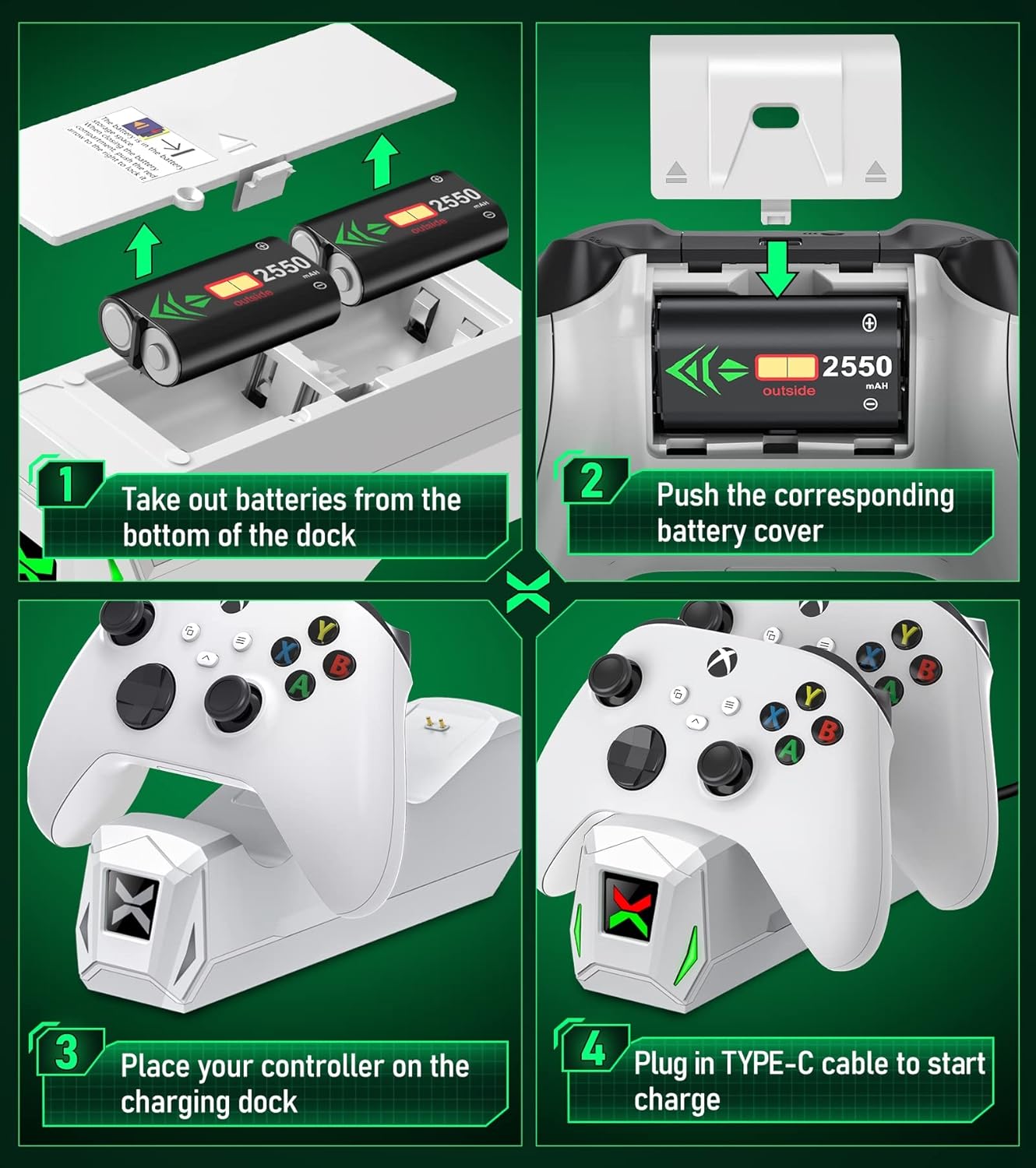 Controller Charger Station with 2x2550mAh Rechargeable Battery Packs for Xbox One/Series X|S Controller, Dual Charging Dock for Xbox One Controller Battery Pack with 4 Batteries Covers for Xbox : Video Games