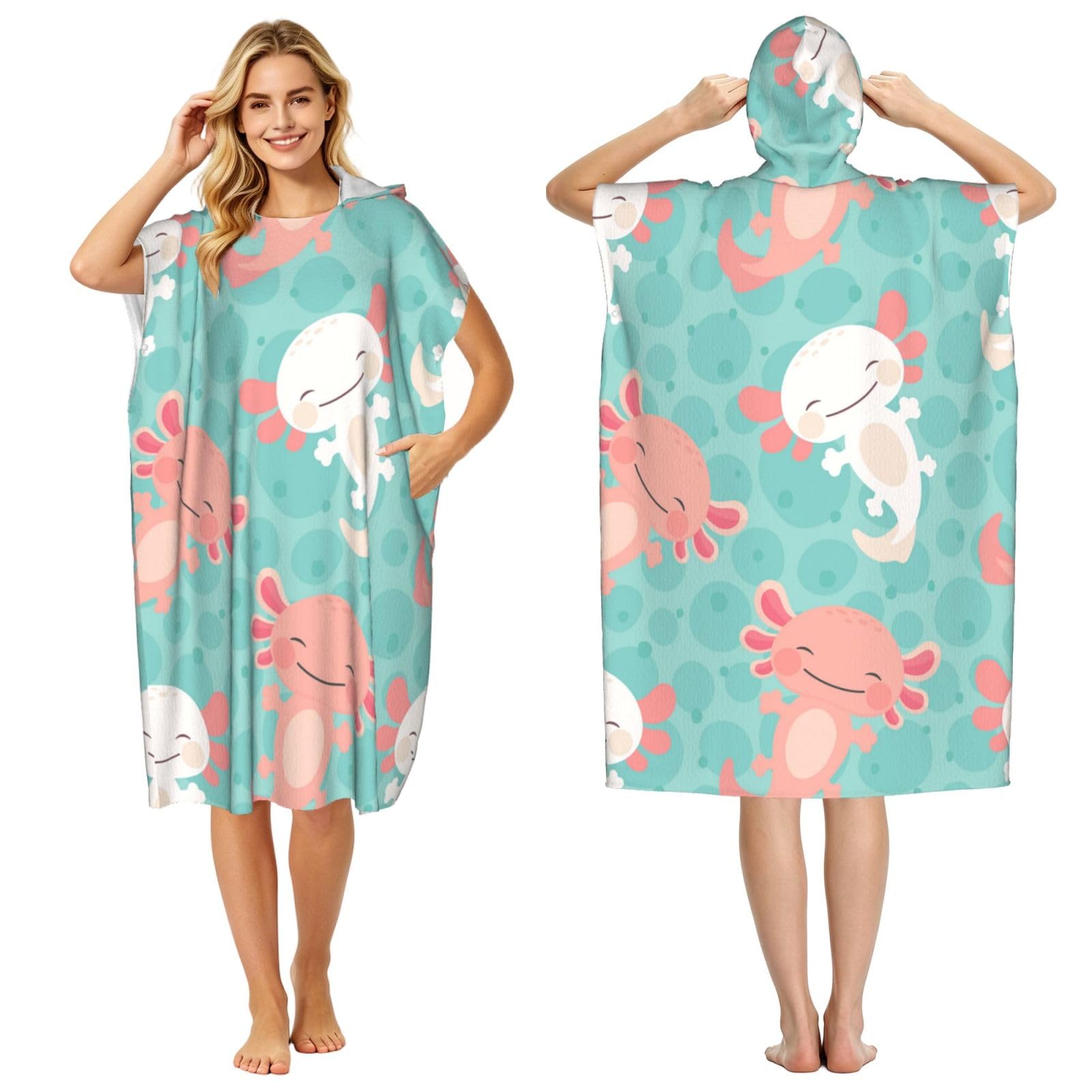 Poadnly Kawaii Baby Cute Axolotl, Adult Hooded Beach Towel 90 x 110 cm,Changing Bath Robe, Surf Poncho Towel For Women Men
