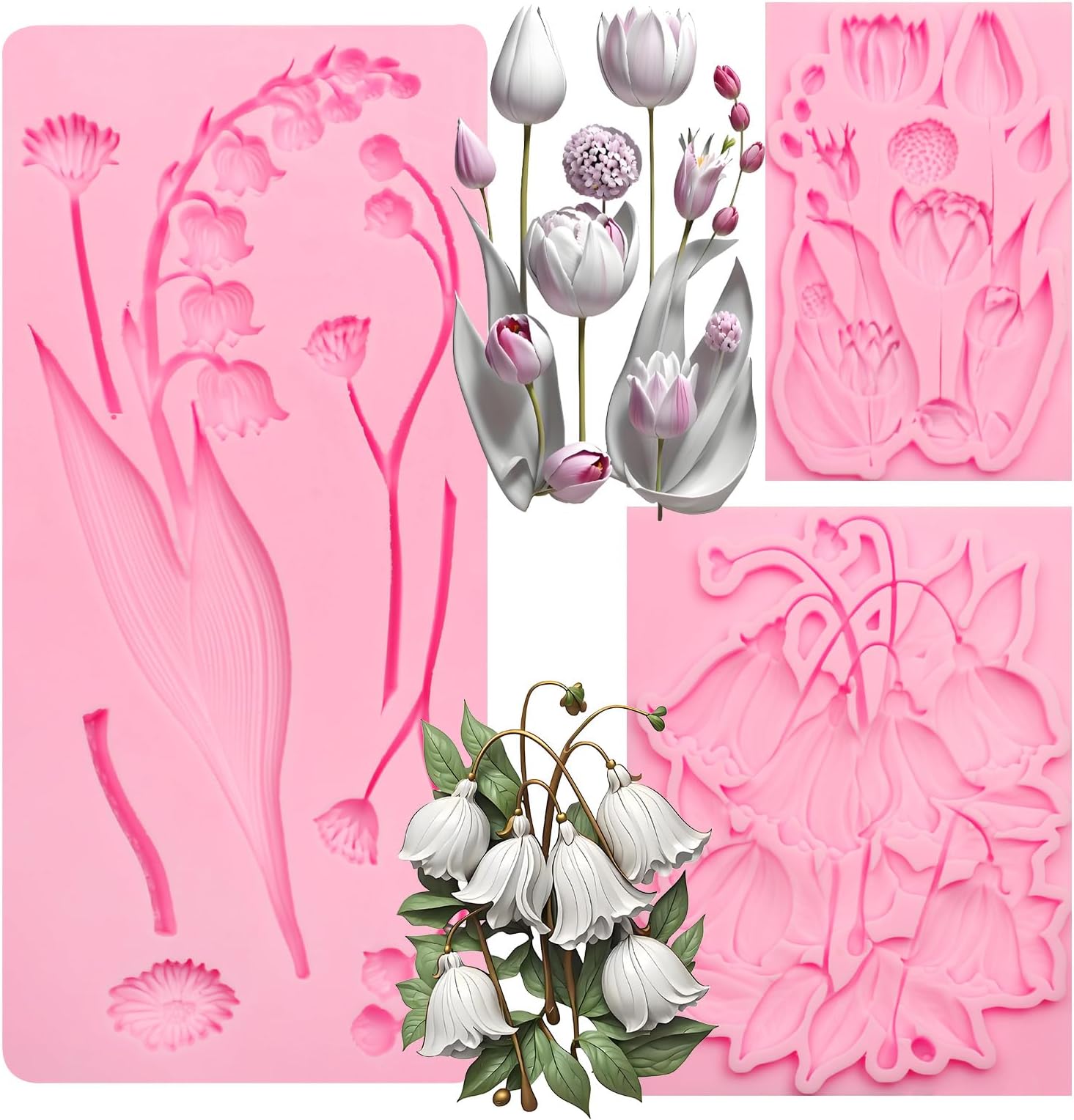 Floral Silicone Mold for Crafts, Pink, Large Size with Tulip and Bell Flower Designs