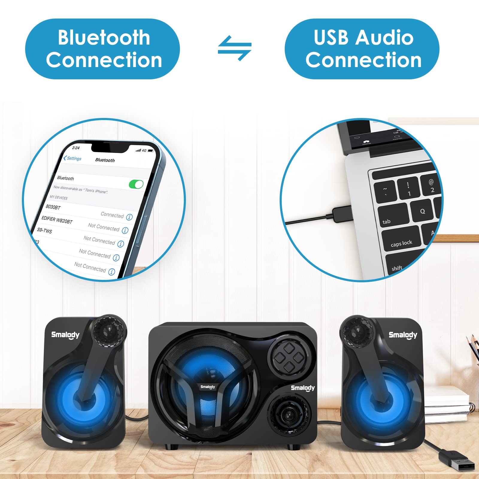 Smalody Computer-pc-luidspreker, 2-in-1 bluetooth-luidspreker met RGB- verlichting, afneembare soundbar, stereogeluid, luidspreker voor pc
