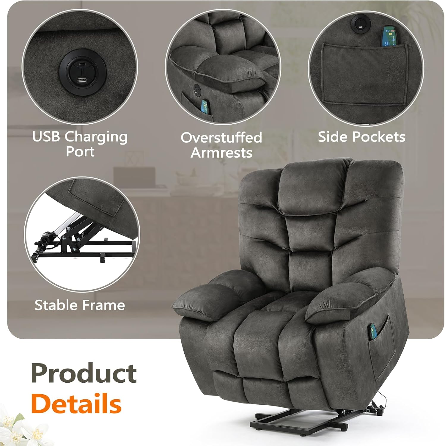 HAOMARKETS Oversized Power Lift Recliner Chair with Massage and Heat for Elderly, Electric Lifting Reclining Chairs with Side Pockets and USB Port for Living Room, Dark Grey