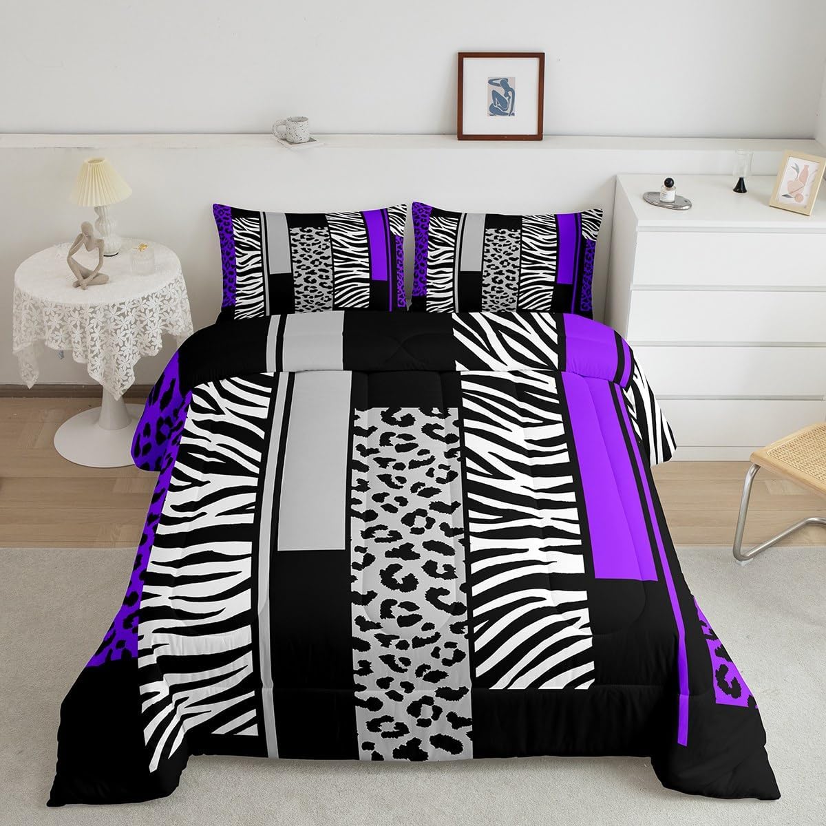 Feelyou Ombre Purple Grey Bedding Set Queen Size Leopard Comforter Set for Kids Boys Girls Decor Animal Print Comforter Safari Zebra Print Duvet Set Bedroom Quilt Set Multi 03 Queen