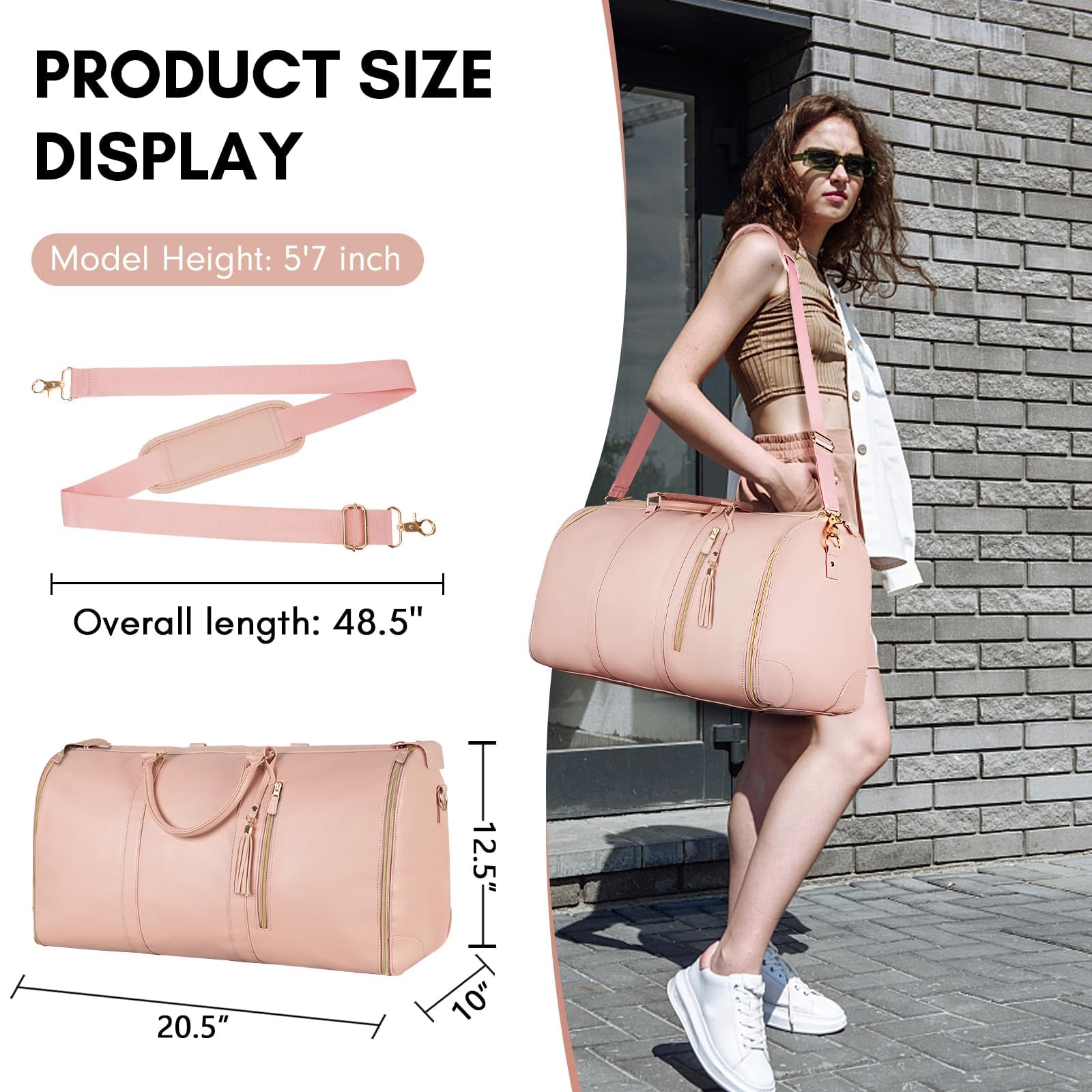 Sac de Voyage Convertible, 2 en 1 Housses Vêtements à Suspendre Sac de Voyage avec Compartiment à Chaussures pour Femme, Valise à Suspendre avec Bandoulière en Cuir PU, Rose