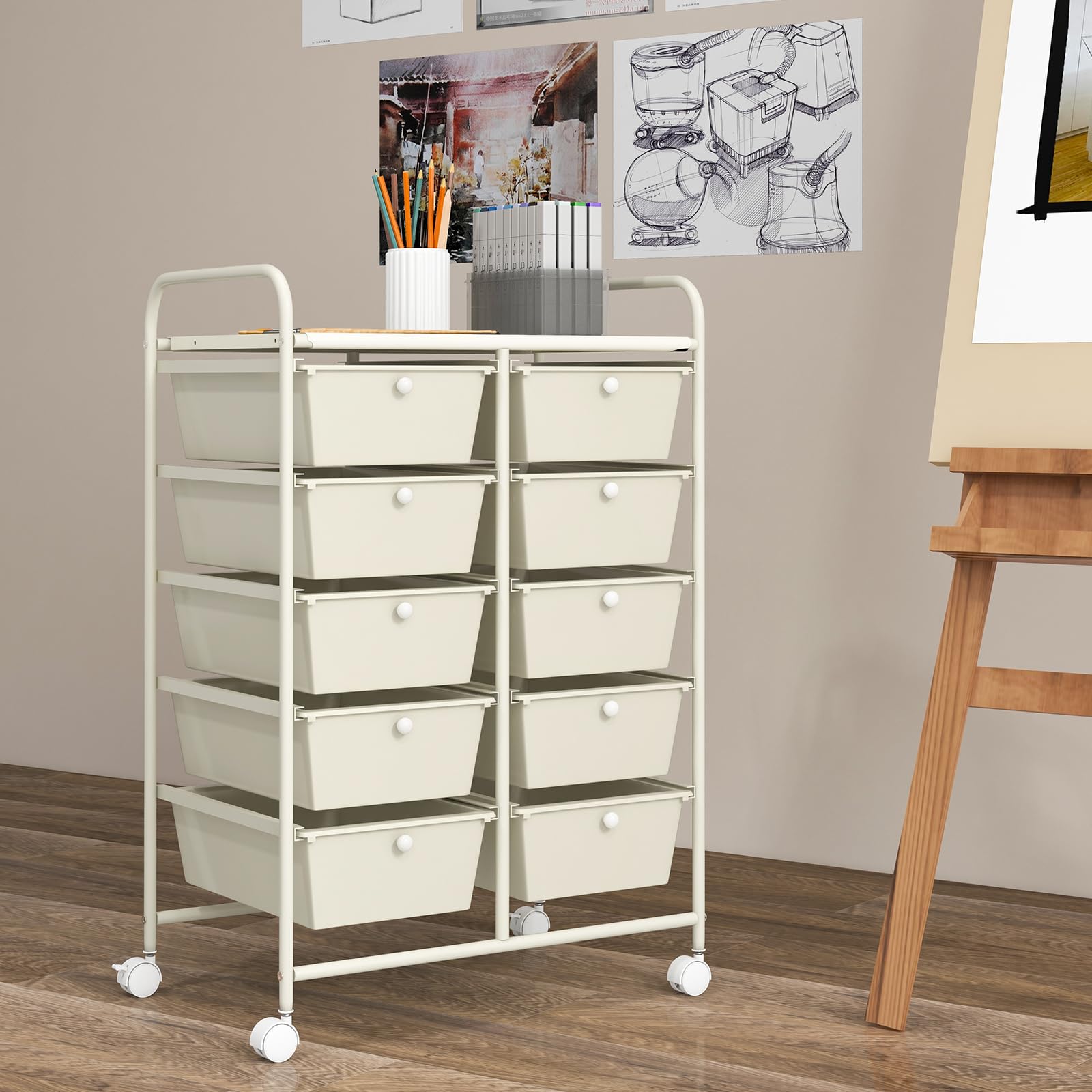 COSTWAY Carrello a 10 Cassetti con Ruote, di Stoccaggio con Stabilità Elevata, Multiuso per Casa Ufficio e Scuola, 65,5 x 37 x 87 cm (Bianco)