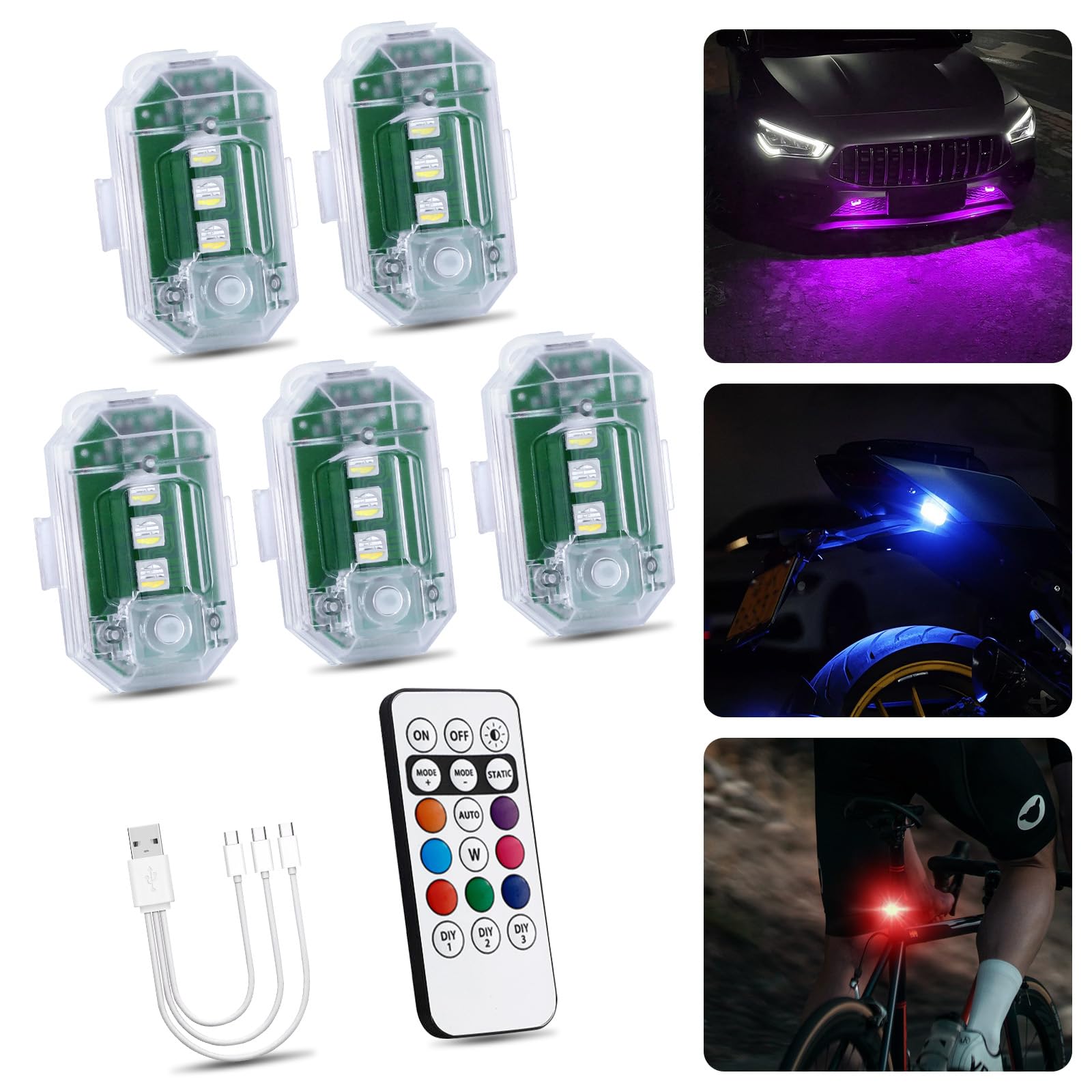 Wireless Strobe LED Lights for Trucks Cars Motorcycles Bikes 8 Colors Warning Flashing RGB USB Rechargeable Mini Halloween Pumpkin Decoration 5PCS