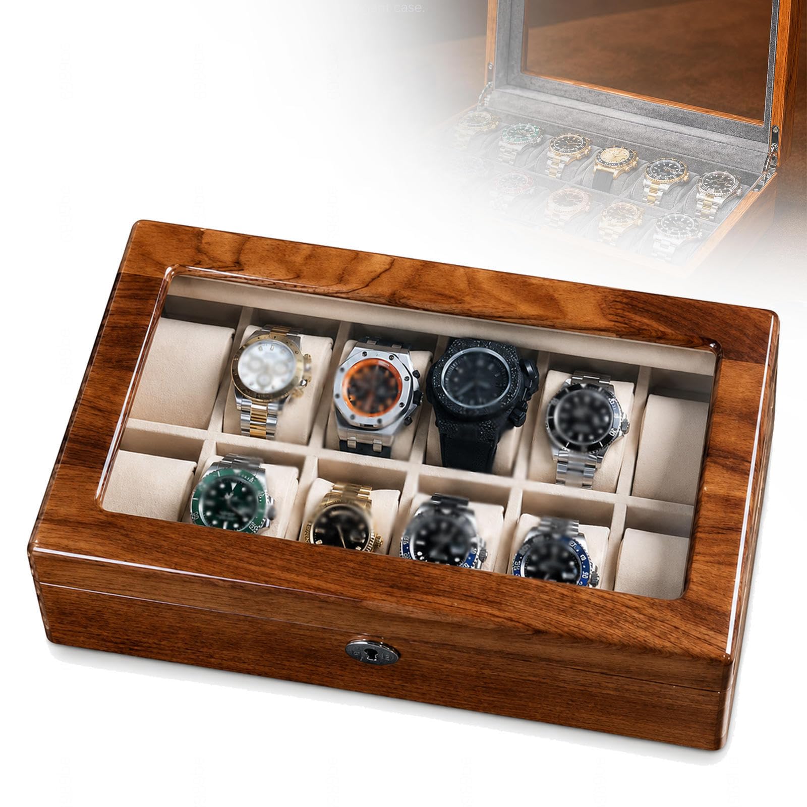 MTTXY Wood Watch Box with Glass Lid and Lock, 12 Slot Organizer for Display