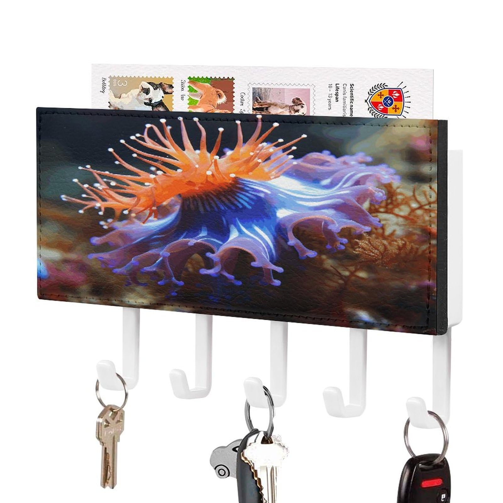 Fekiloot White-Style Nudibranch Key Holder Wall Mount Key And Mail Holder Key Hanger With 5 Hooks Decorative Pu Key Rack Hanging Key Hooks For Wall Living Room Kitchen Bathroom Hallway