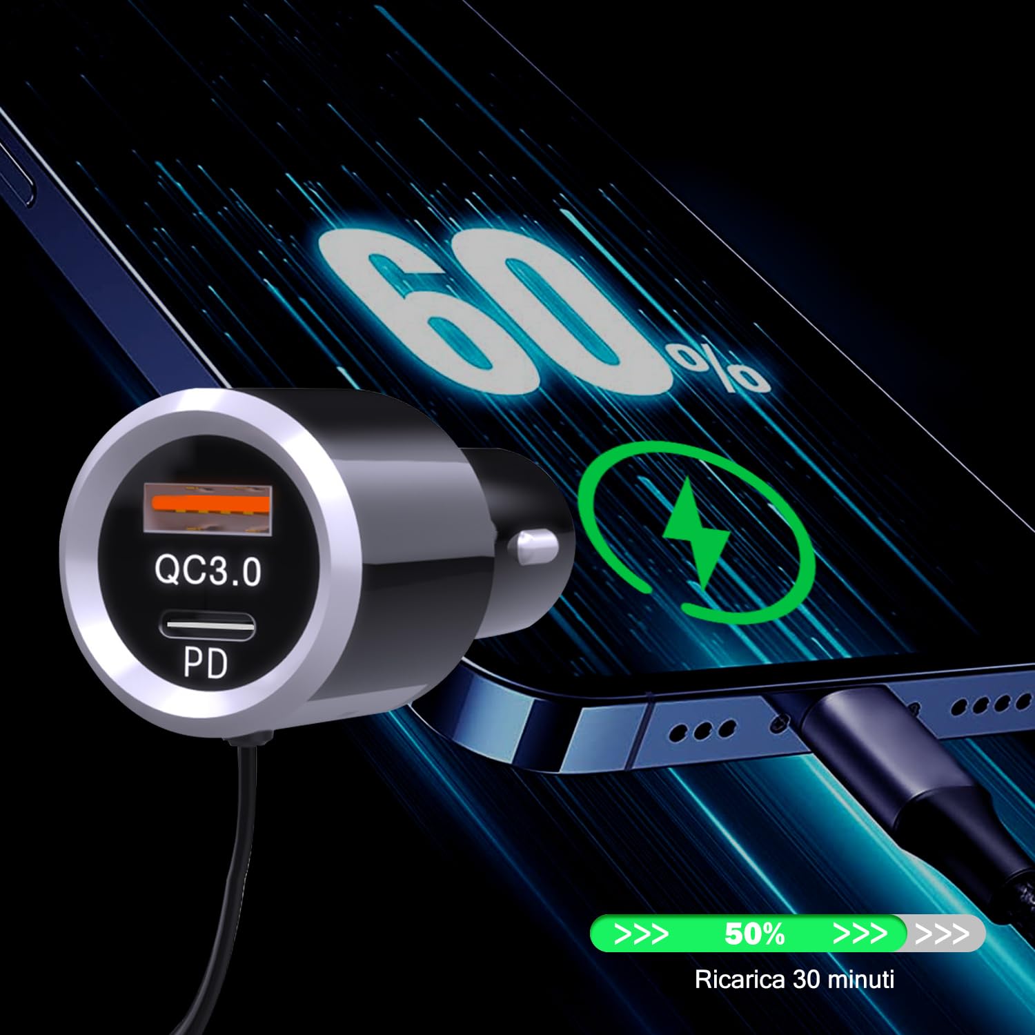 GizmoVine Bluetooth Coche, Transmisor FM, Soporte Manos Libres/QC3.0 y PD Cargador Rápido/Luz Ambiental/Base Autoadhesiva y Clip con Cable 1.1 - Reproductor de Música con Tarjeta BT/TF
