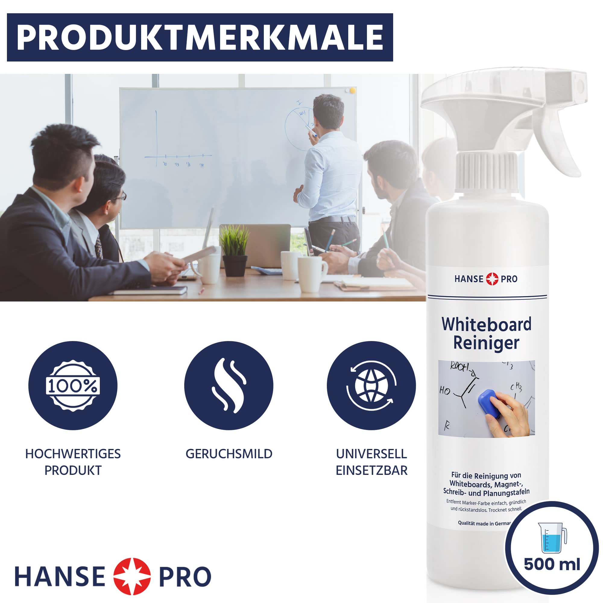 HANSE PRO Whiteboard-Reiniger, 4 x 500 ml I Cleaner I Löscher I Reinigungs-Spray I Tafel-Reiniger I Zubehör I mit praktischem Sprüh-Kopf
