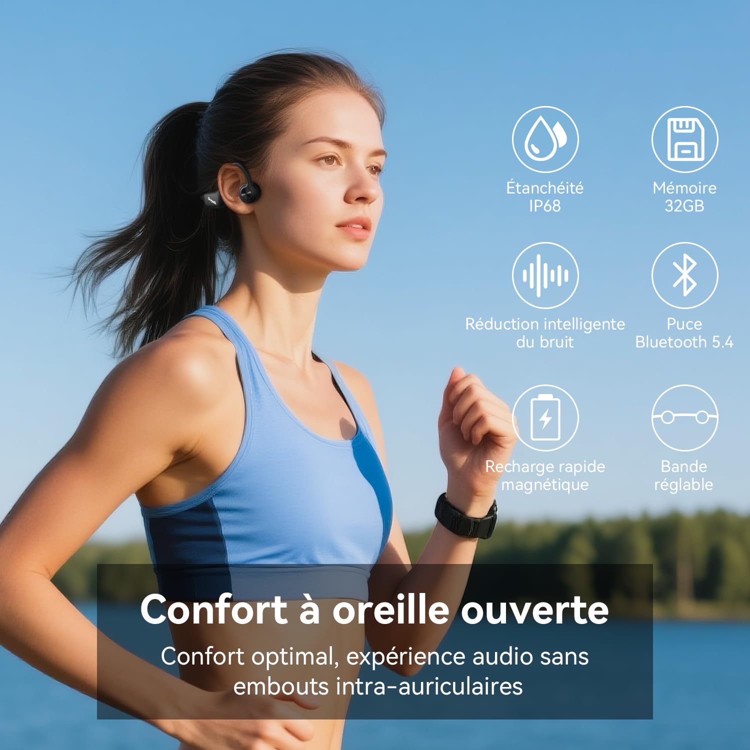 Casque de Conduction Osseuse IP68 Étanche pour Natation, Bluetooth 5.4 & Lecteur MP3 avec Mémoire 32 Go, Conception Open-Ear Confortable pour Natation, Course et Sport