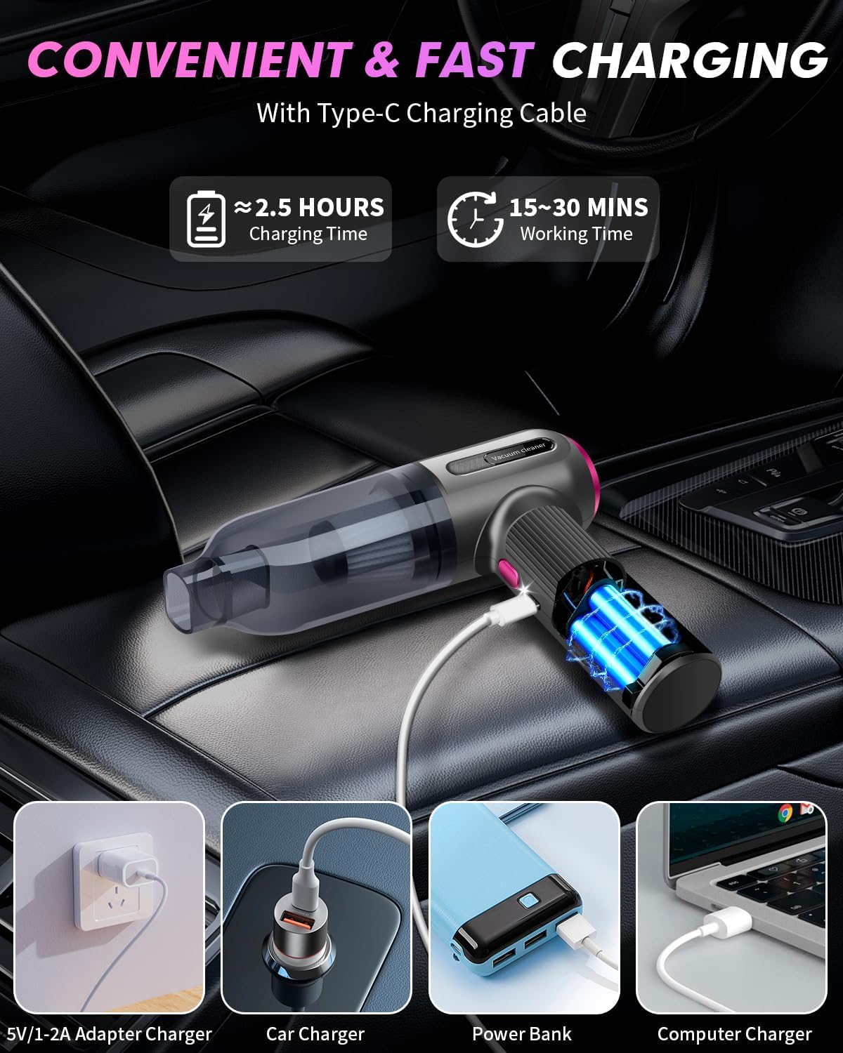 Générique Vacuum Cleaner VC01 Aspirateur à Main 12000 Pa - Mini Aspirateur Voiture sans Fil Puissant, Aspiration et Soufflage 2 en 1, 3 Vitesses