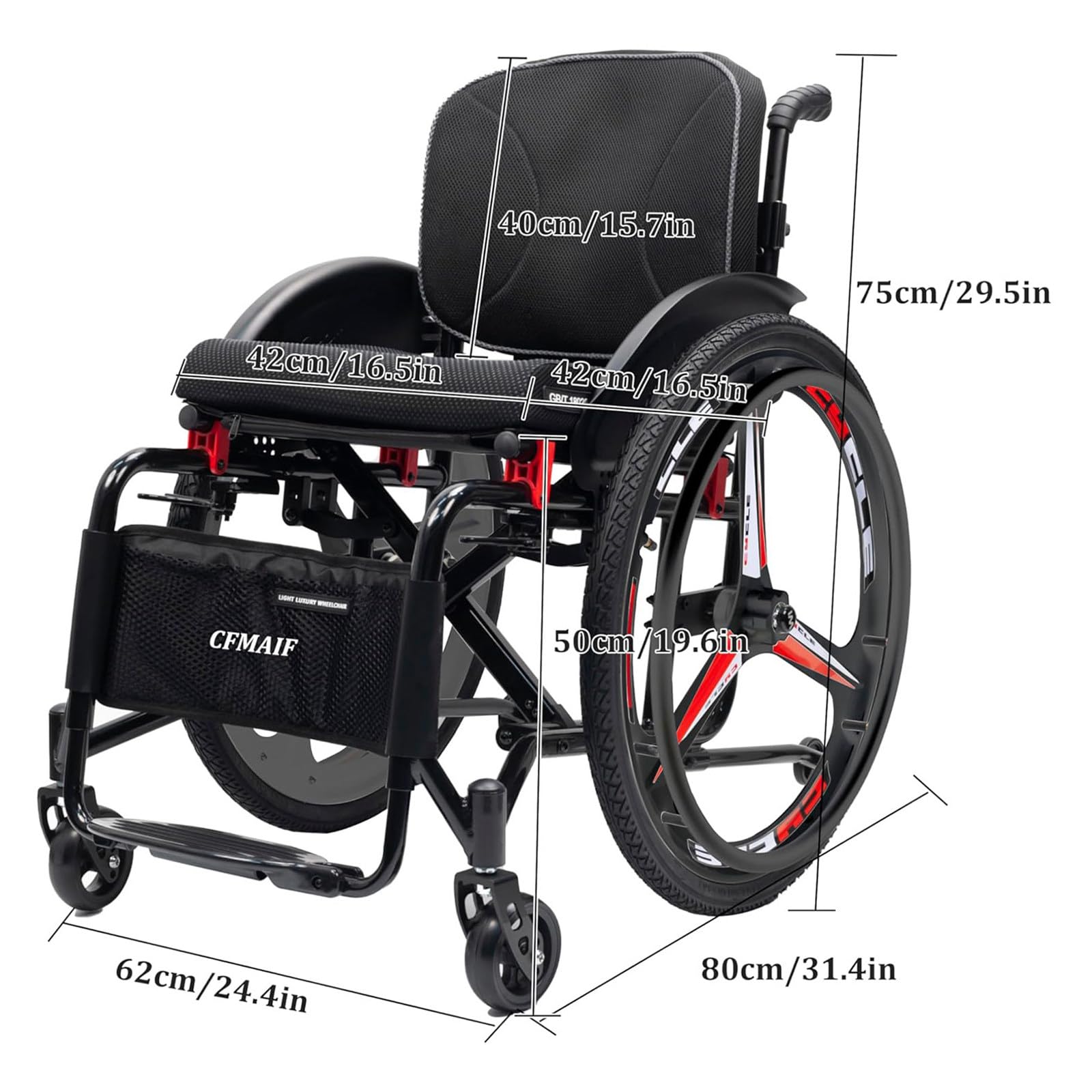 Składany terenowy lekki aluminiowy wózek inwalidzki Seatwidth:42cm | Nośność 100kg,podwójny hamulec i kółka zabezpieczające przed przewróceniem,obracające się 4-calowe kółka skrętne