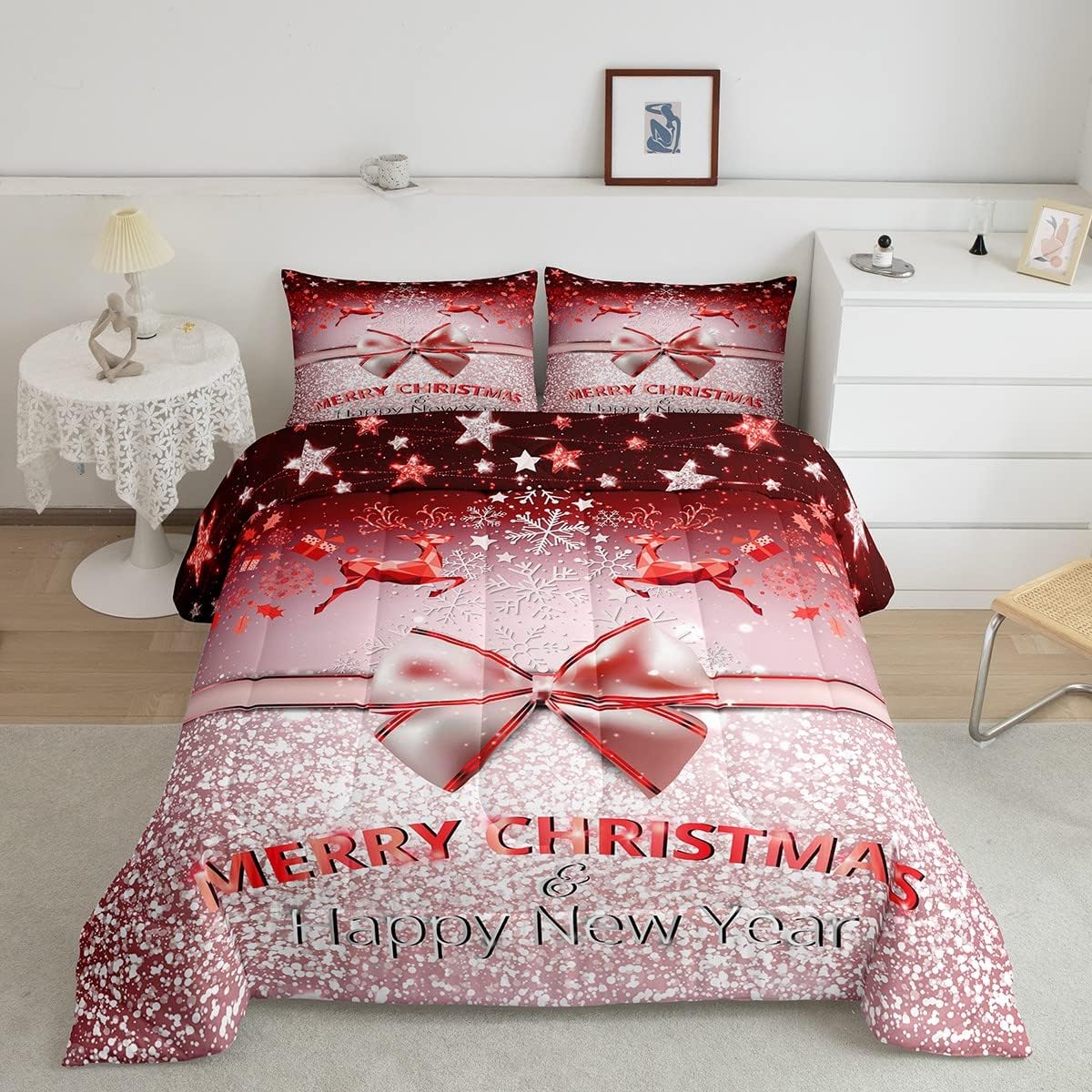 Merry Christmas Comforter Xmas Deer Elk Decor Red Star Glitter (No Glitter No Sequin