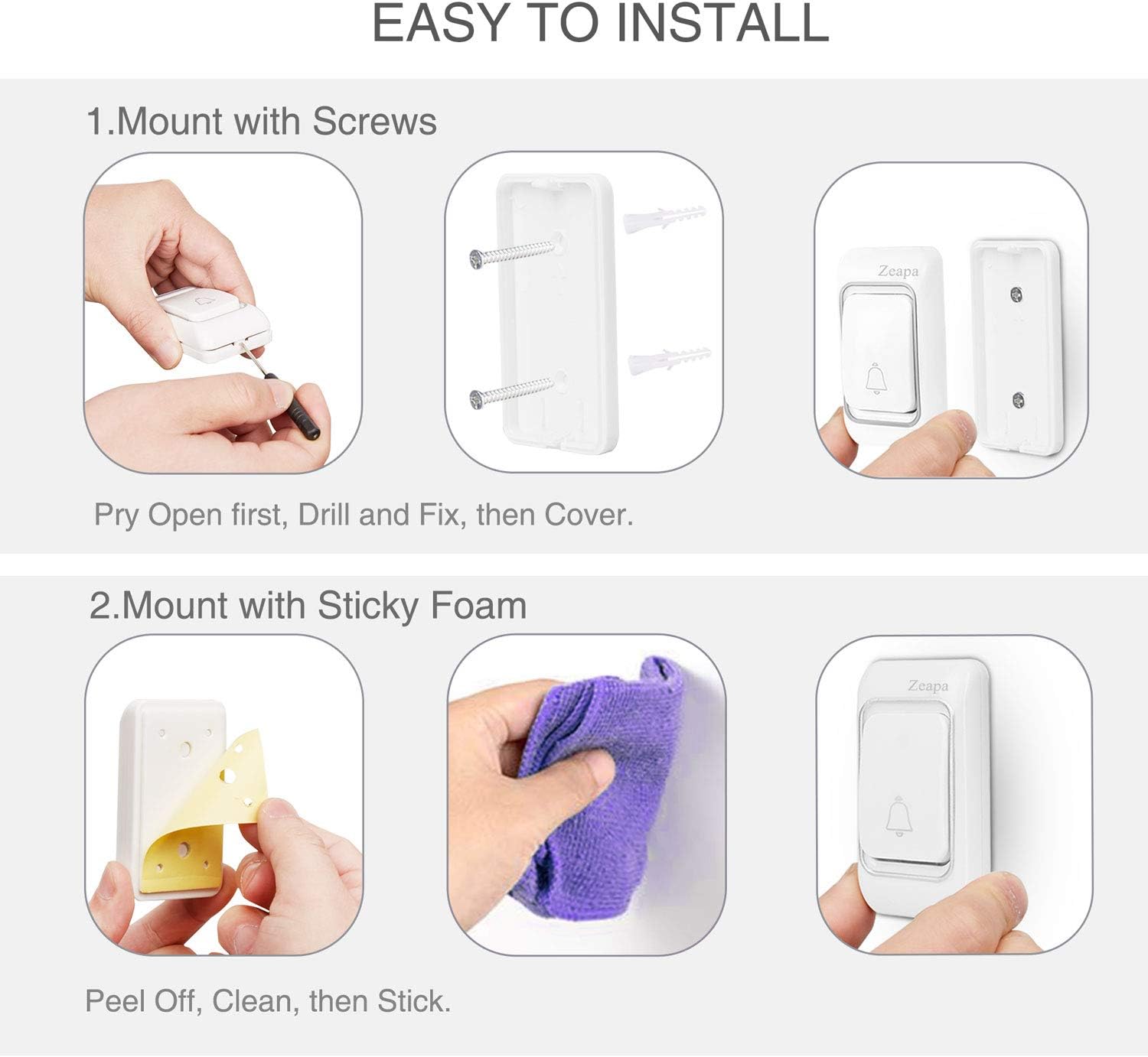 Wireless Doorbell, 2 Plug-in Receivers+2 Transmitters, Battery Included, 1300ft Strong Signal, 58Chimes, 4Volume, 0-115dB, Bright LED Flash, Waterproof, Stable at -22~158℉, Easy to Use, Silver
