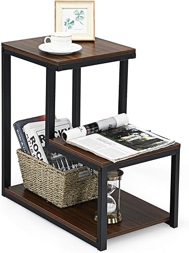Miniatura 18 de Tangkula Mesa auxiliar de sofá de 3 niveles, mesita de noche con estante de almacenamiento, marco de metal resistente, mesa auxiliar para silla en