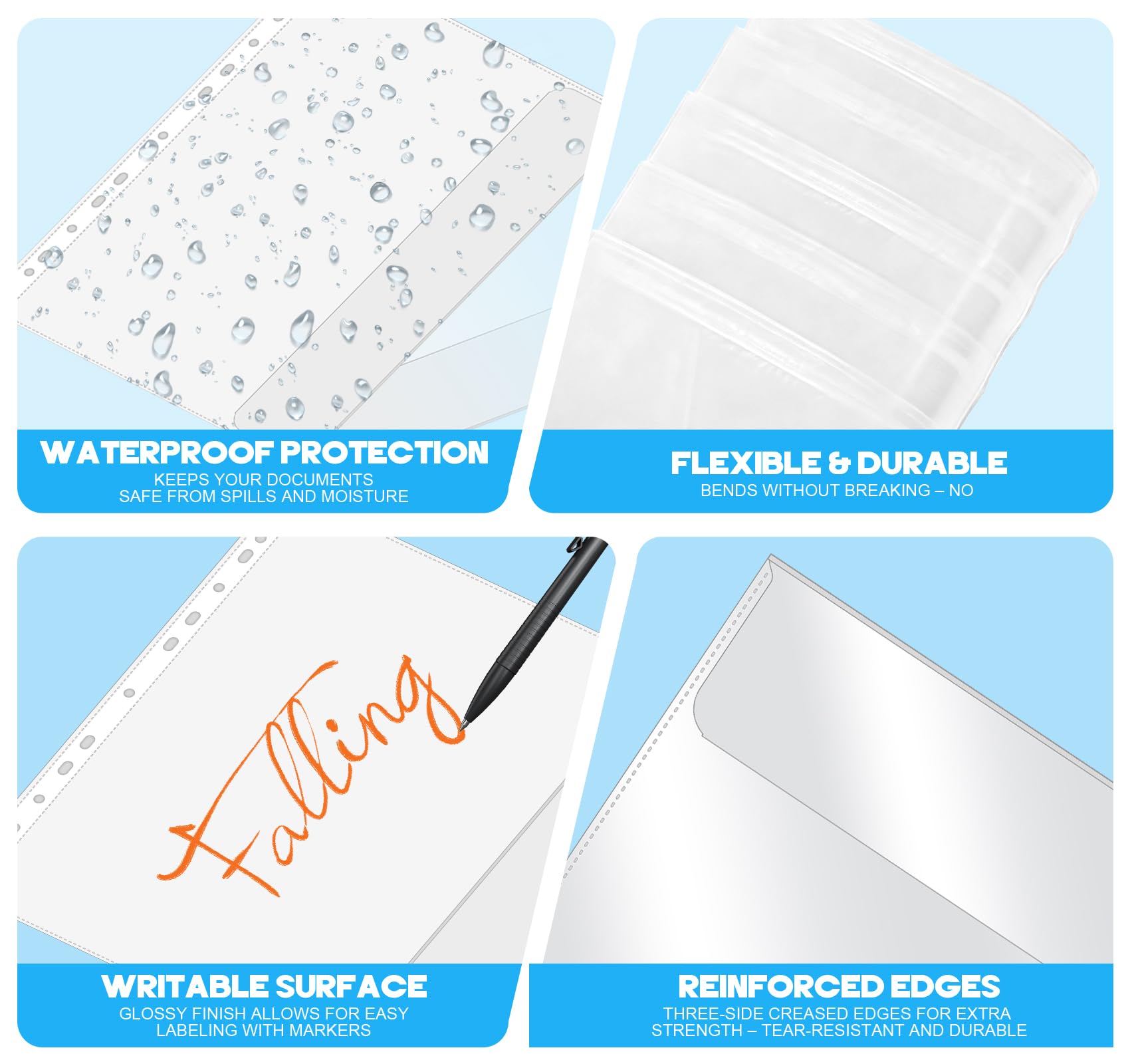 30 buste trasparenti A4 perforate con aletta, in plastica resistente, apertura laterale da 240 micron, 11 fori, protezioni per fogli per raccoglitori ad anelli a 2/3/4 anelli, documenti, cartelle di
