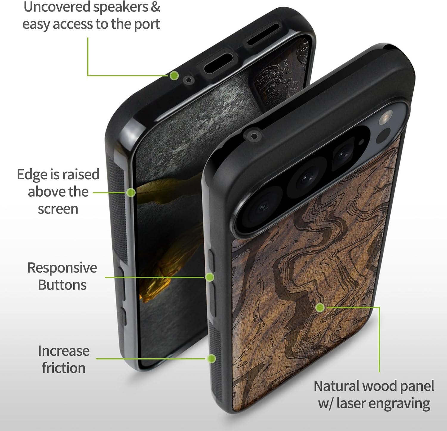 Carveit Magnetic Wooden Case for Google Pixel 9 Pro XL Case, Wood Artisan Engraved & Soft TPU Shockproof Cover, Compatible with MagSafe Wireless Chargers (Dynamic Motion and Organic Flow) Walnut